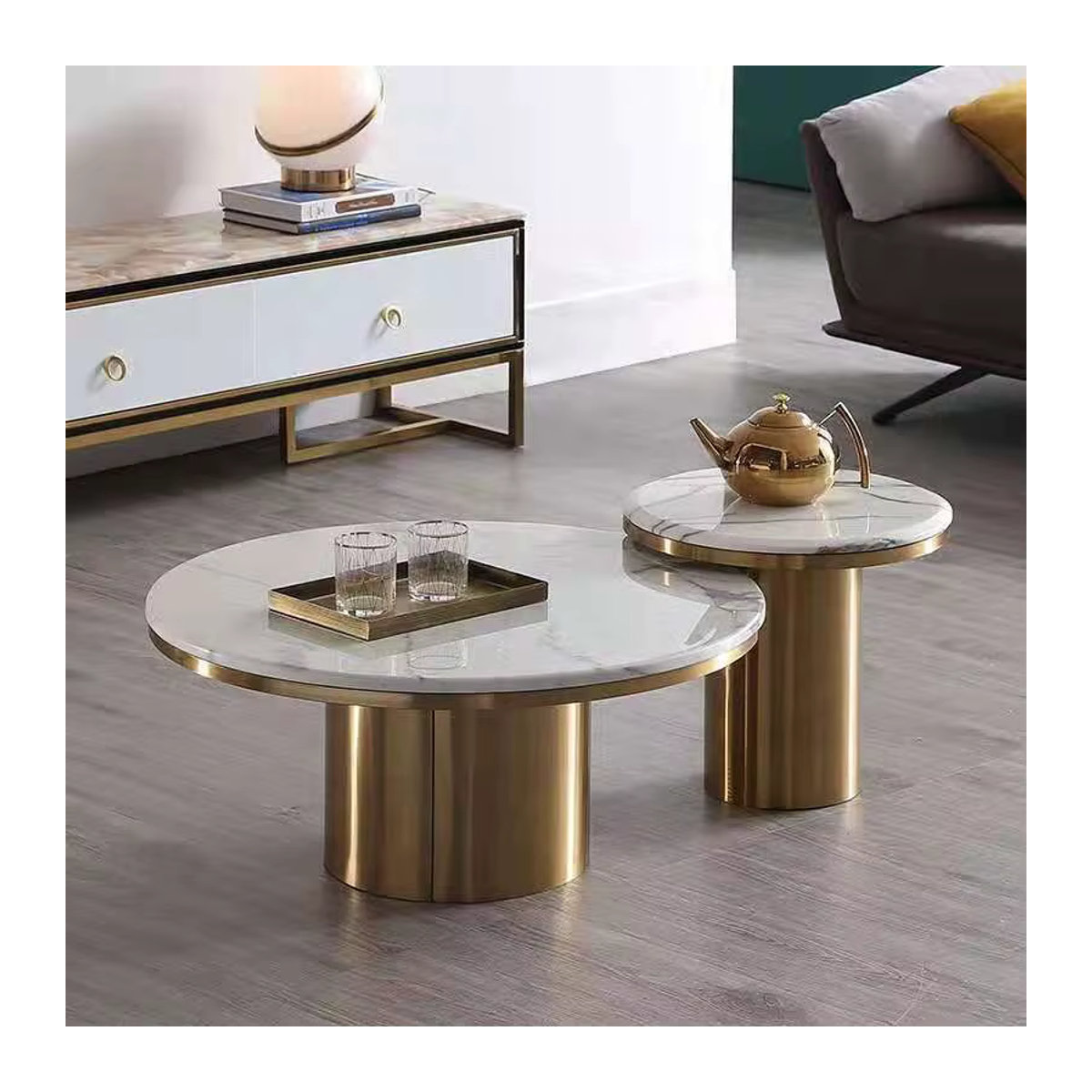 Modernes Couchtisch-Set von XMSJ mit Marmorplatte und goldenem Edelstahl in Weiß und Gold - Bild 6