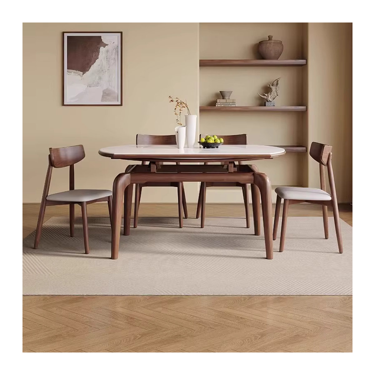 Modernes Essgruppen-Set aus Marmor und Holz mit ausziehbarem runden Esstisch und Stühlen in Schwarz/Weiß - Bild 2