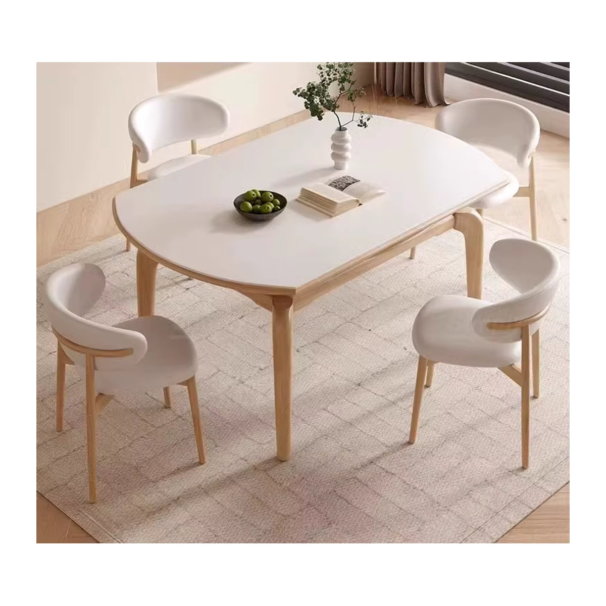 Modernes Essgruppen-Set aus Marmor und Holz mit ausziehbarem runden Esstisch und Stühlen in Schwarz/Weiß - Bild 3