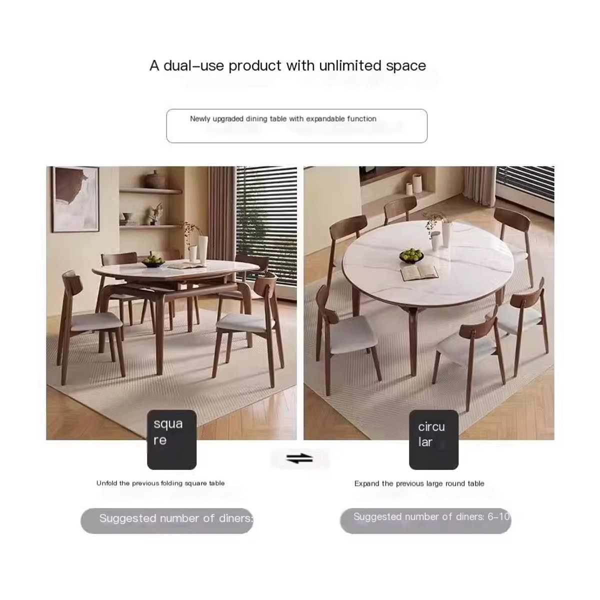 Modernes Essgruppen-Set aus Marmor und Holz mit ausziehbarem runden Esstisch und Stühlen in Schwarz/Weiß - Bild 5