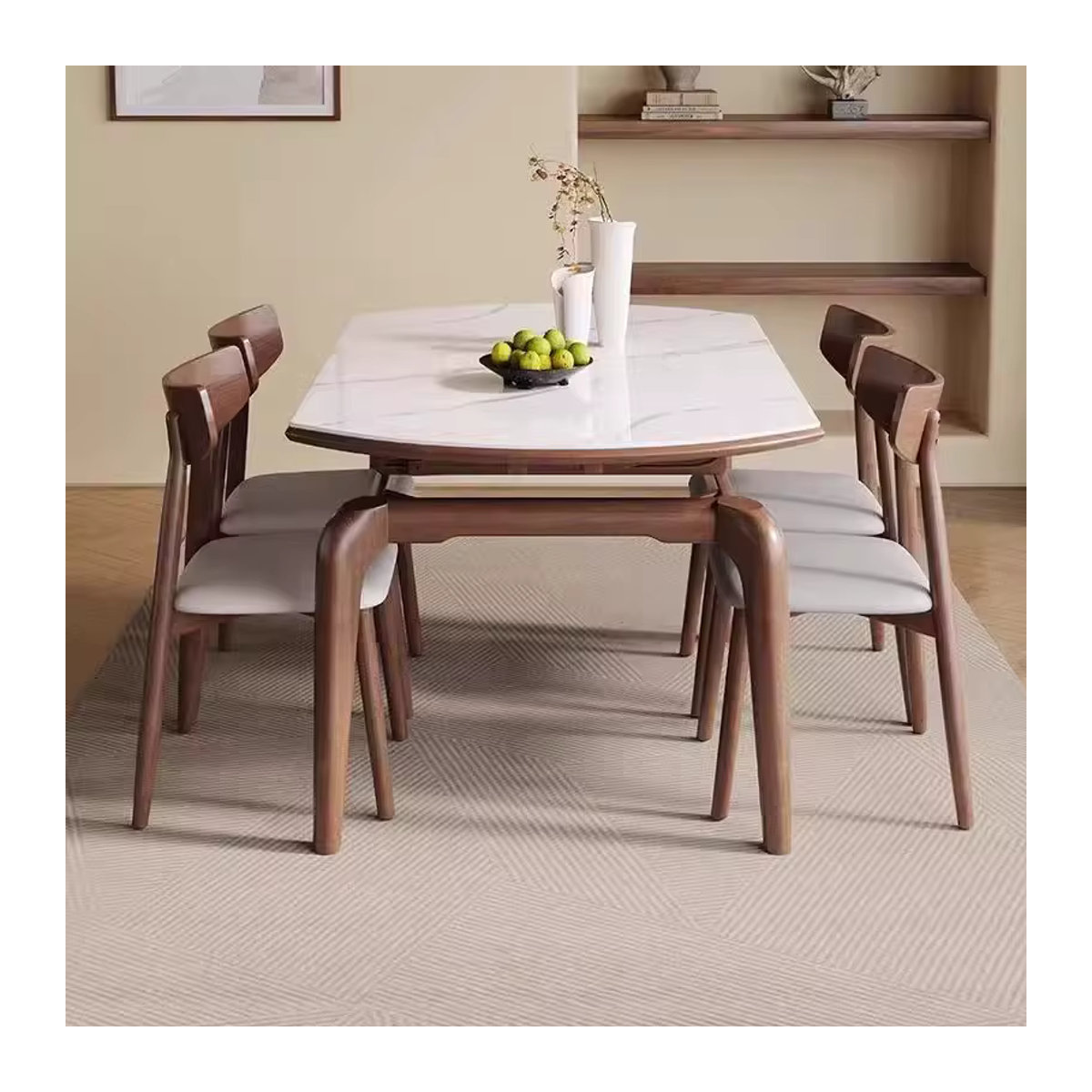 Modernes Essgruppen-Set aus Marmor und Holz mit ausziehbarem runden Esstisch und Stühlen in Schwarz/Weiß - Bild 6