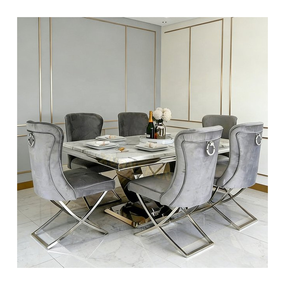 Modernes Esstisch-Set für 6 Personen aus Marmor in Rosa und Grau mit Goldakzenten - Bild 1