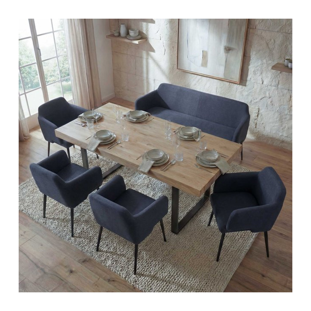 Modernes Esszimmer-Set MCW-L13 in Anthrazit mit 4er-Set aus Stühlen und Sitzbank aus Stoff - Bild 1