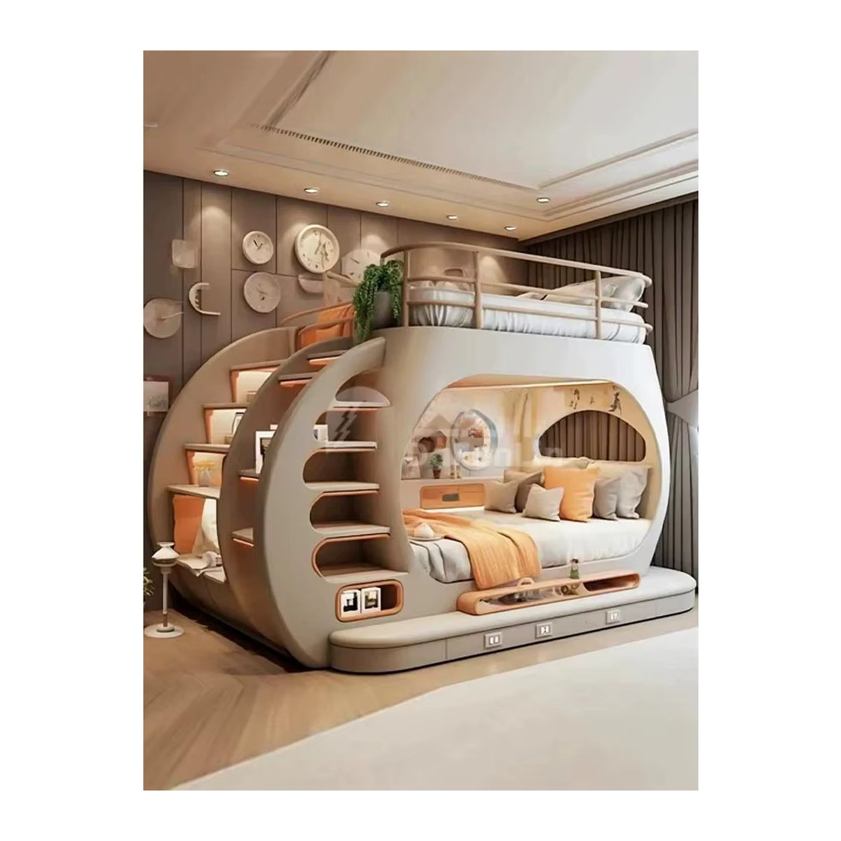 Modernes Etagenbett für Teenager in Beige mit integriertem Baumhaus-Design und Lichteffekt - Bild 3