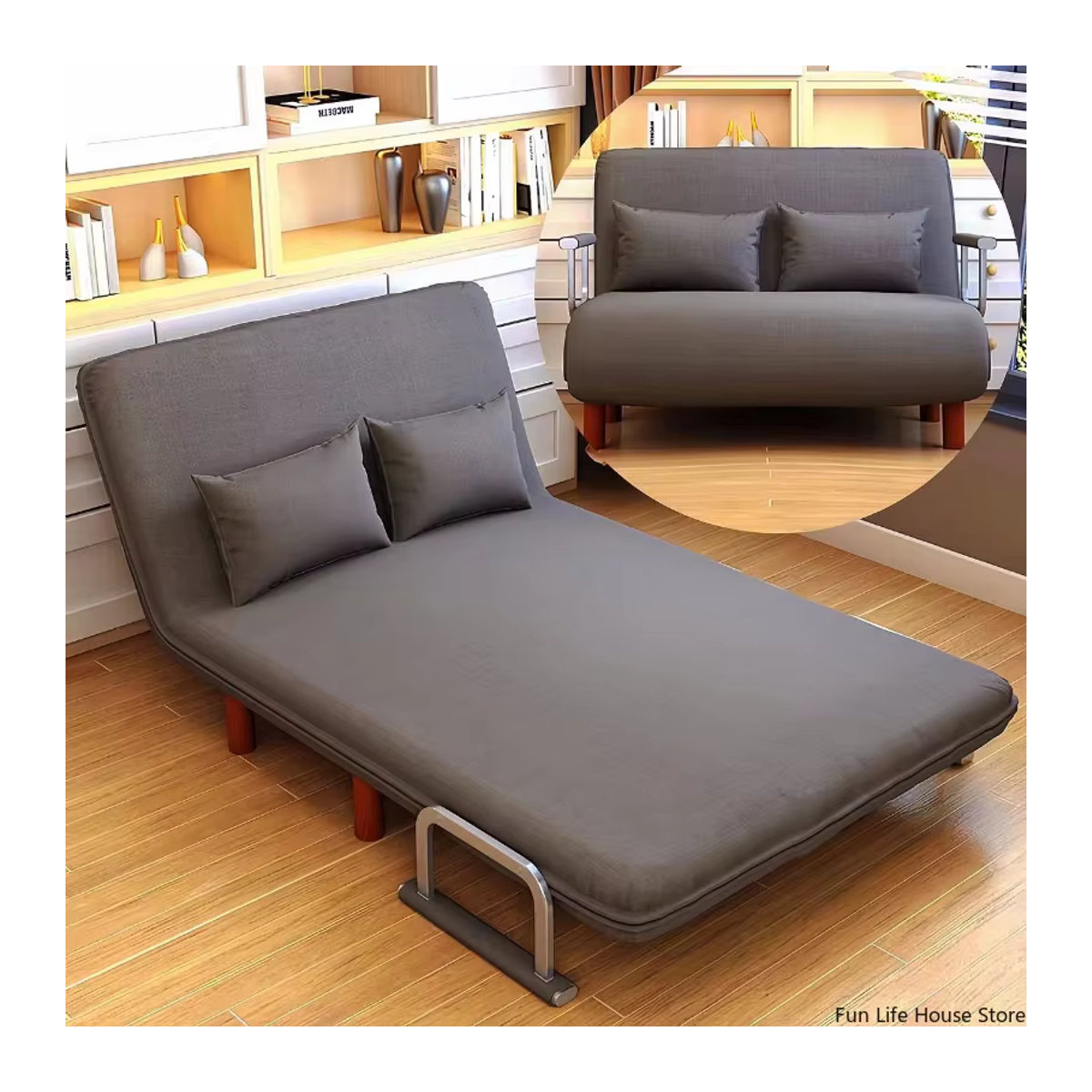 Modernes faltbares Schlafsofa aus Stoff in Grau mit Metallgestell - Bild 3