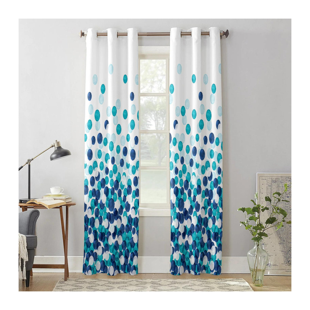 Modernes Fenster Vorhang Super Six mit Aquarell Punktverlauf in Petrol und Blau, semi-transparent, Breite: 135 cm, Höhe: 60 cm - Bild 1