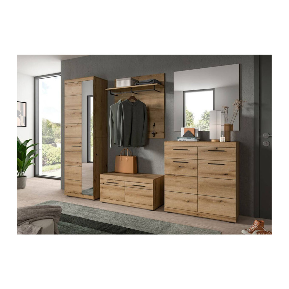 Modernes Garderobenset SCOUT Evoke Oak von xonox.home in Eiche Natur Braun mit Drehtüren, B/H/T: 167 x 197 x 40 cm - Bild 2