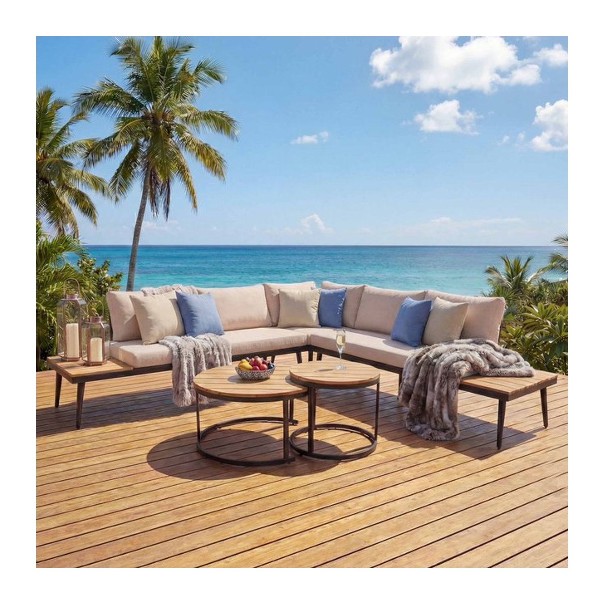 Modernes Garten-Lounge-Set MCW-H54c aus Akazie-Holz und Stahl mit Beistelltisch und beigen Kissen in Braun und Beige - Bild 1