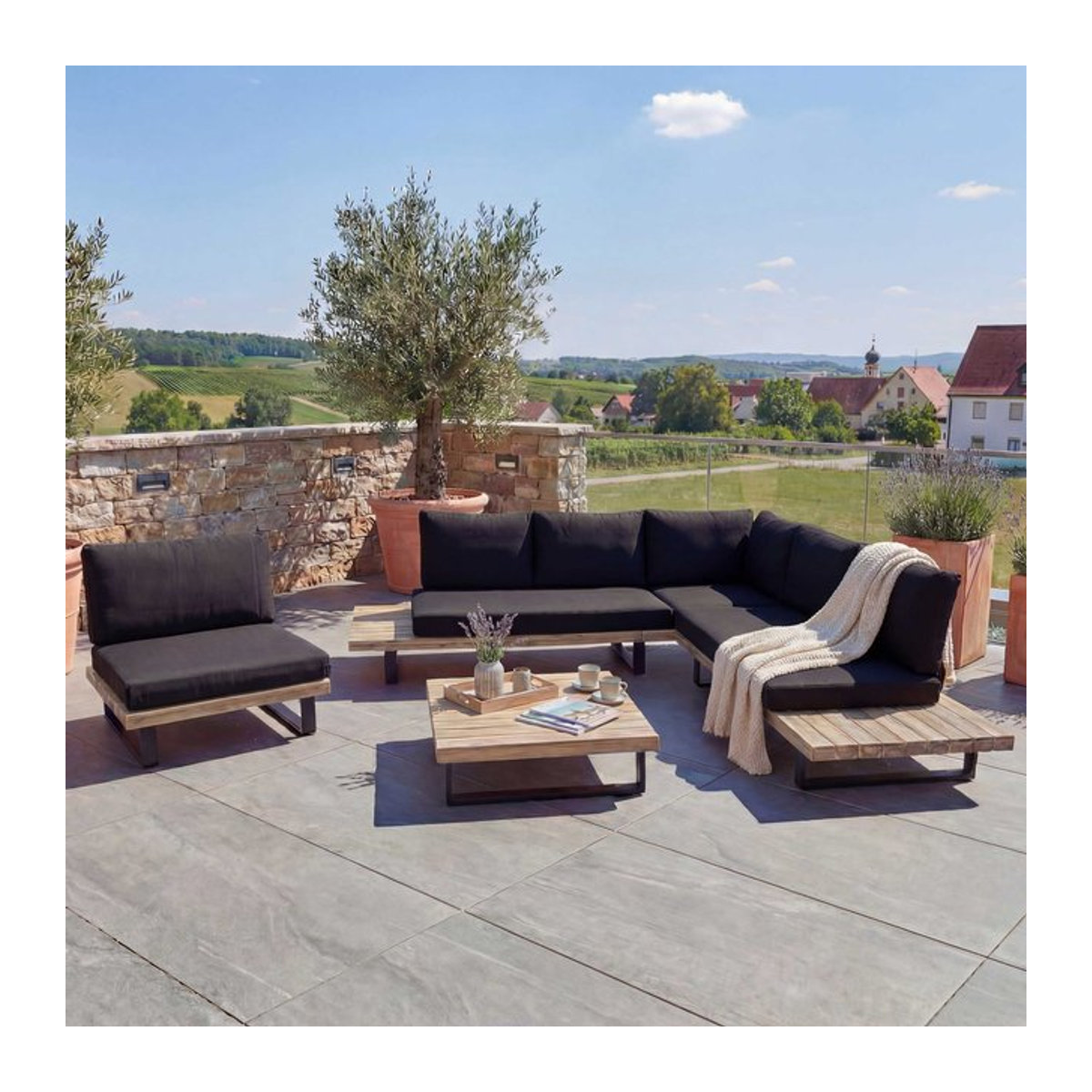 Modernes Garten-Lounge-Set MCW mit Sessel und Sofa aus Akazie-Holz und Aluminium in Hellbraun mit dunkelgrauen Polstern - Bild 1