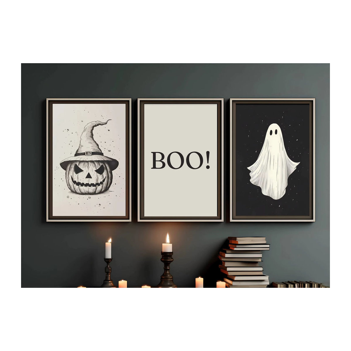 Modernes Halloween Wandbild mit Geistern und Hexenhut als mehrfarbiger Leinwanddruck im Hochformat - Bild 1