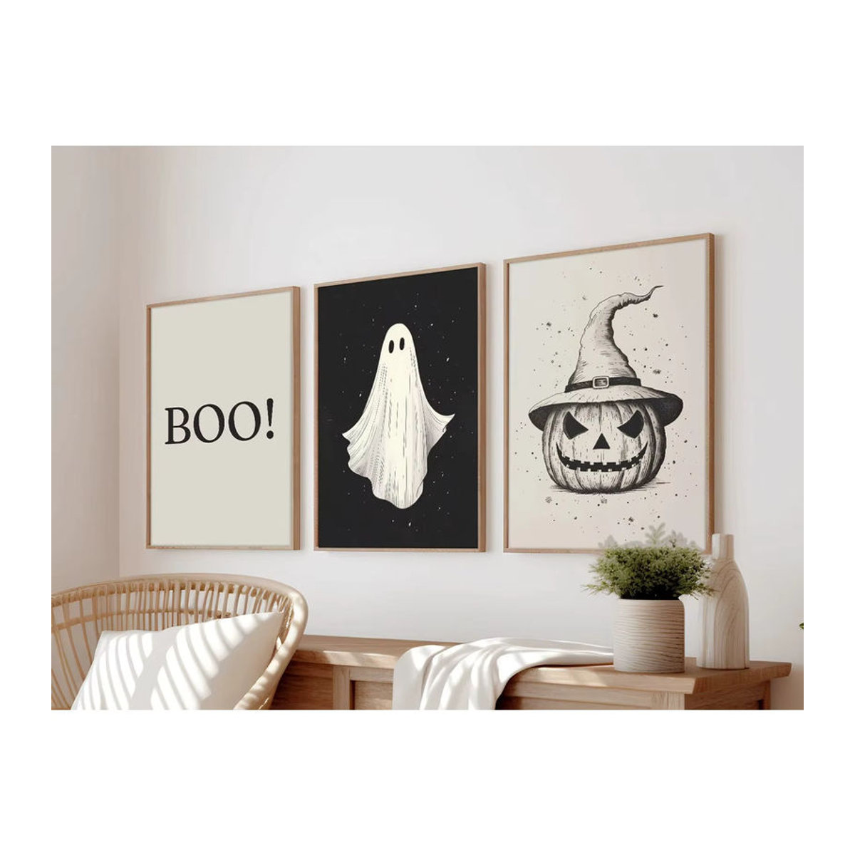 Modernes Halloween Wandbild mit Geistern und Hexenhut als mehrfarbiger Leinwanddruck im Hochformat - Bild 2