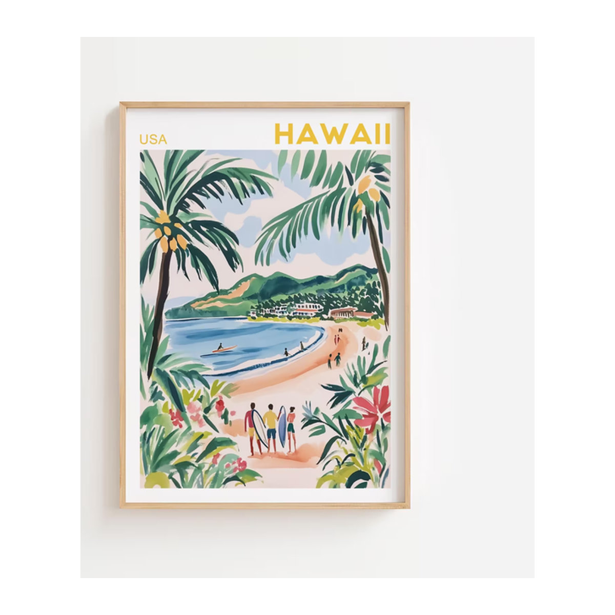 Modernes Hawaii Wandbild mit Surf-Motiv und Küstenlandschaft, mehrfarbiger Naturprint aus Holz für die Wandmontage - Bild 1