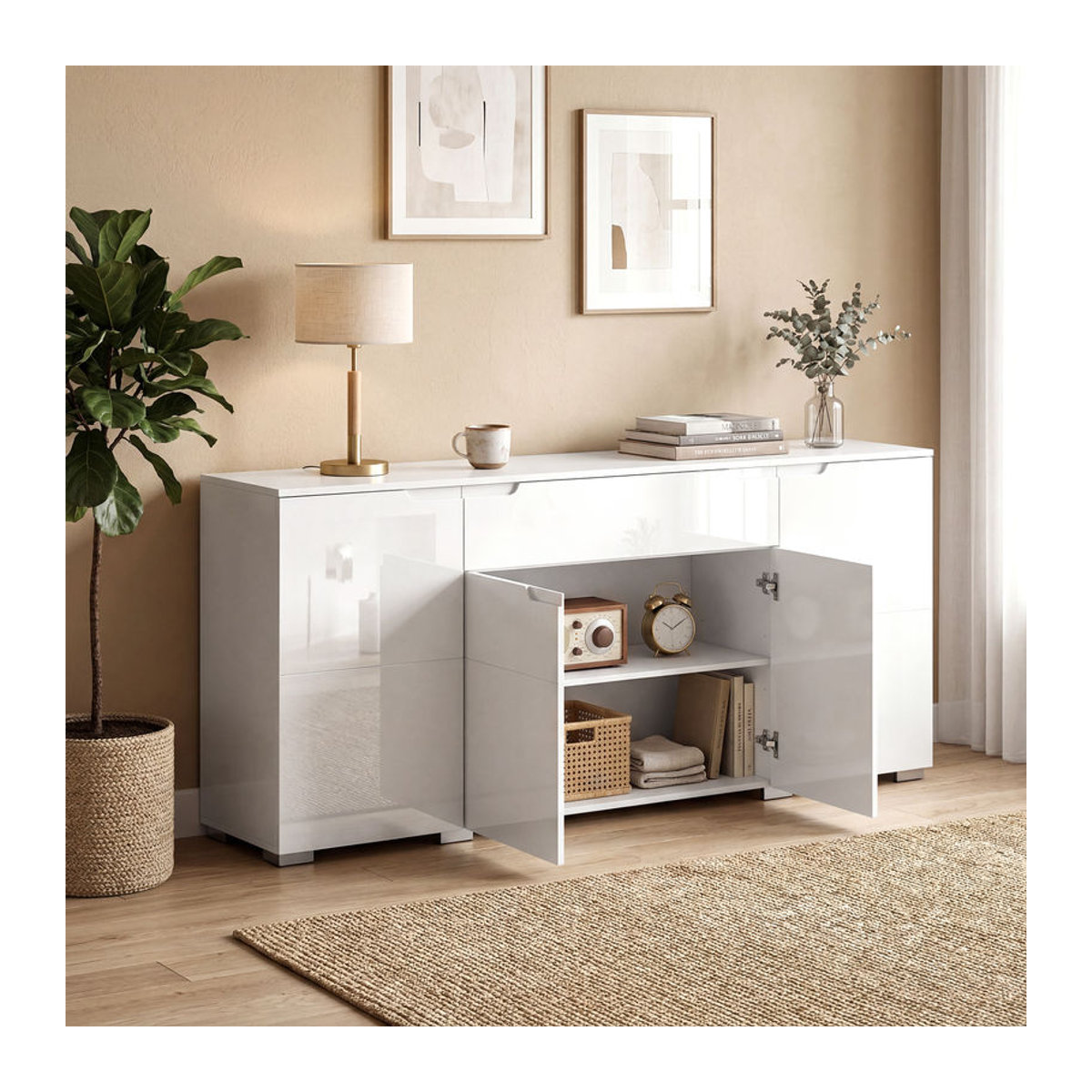 Modernes HOMCOM Hochglanz-Sideboard in Weiß mit 4 Türen und verstellbaren Einlegeböden - Bild 2