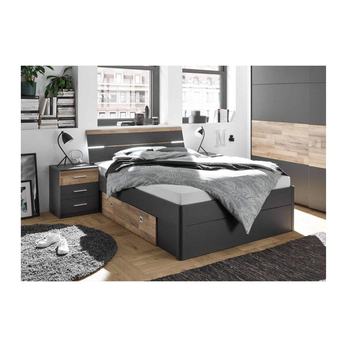 Modernes Jugendbett Montana in Anthrazit mit Montana Oak Nachbildung, Liegefläche B: 140 cm, L: 200 cm - Bild 2