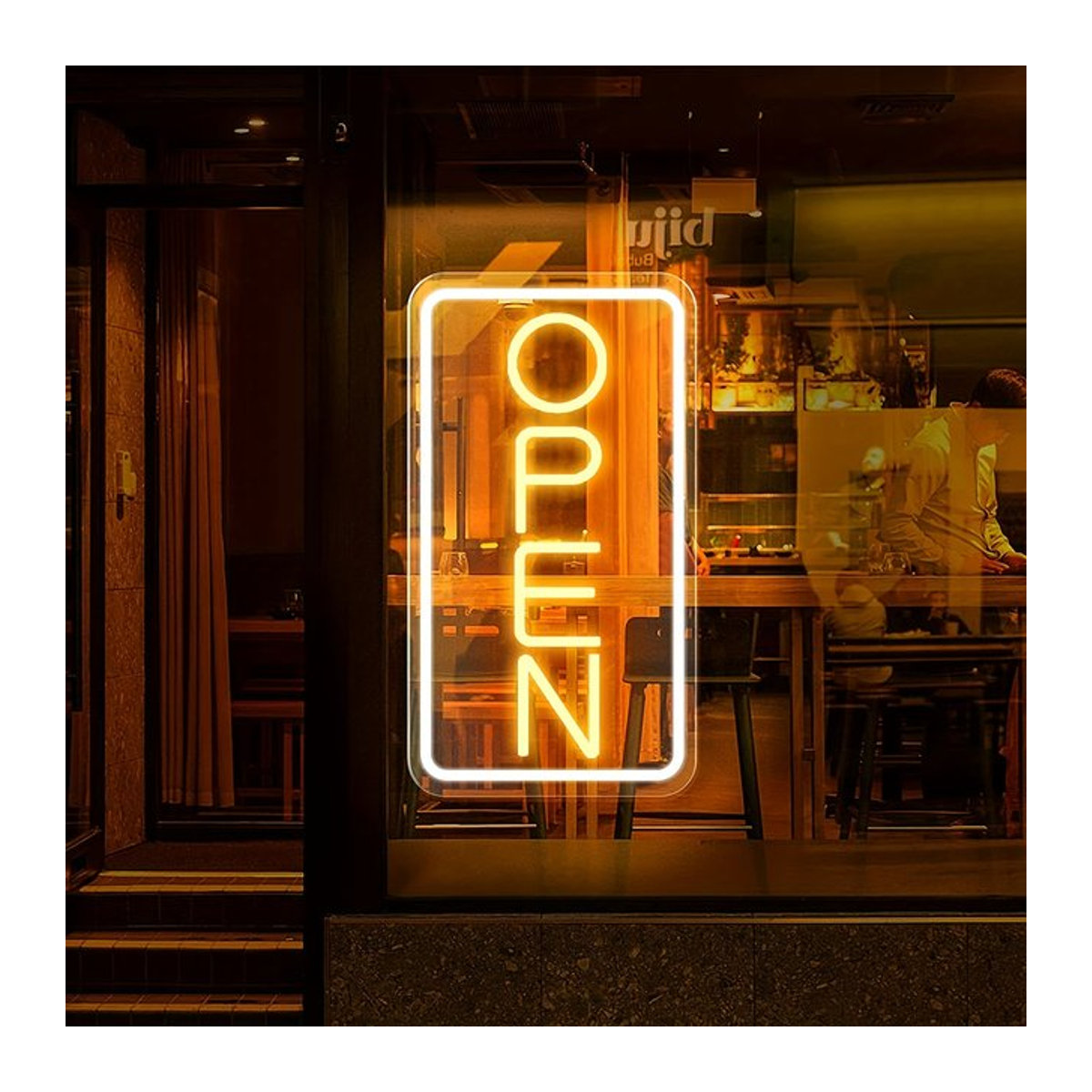Modernes LED-Neonschild aus Acryl in Gelb als dekorative Wandleuchte für Club, Restaurant oder Café (vertikal) - Bild 1