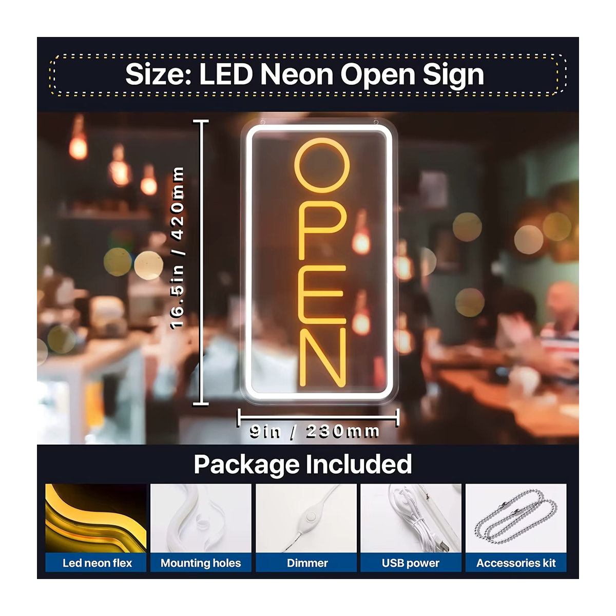 Modernes LED-Neonschild aus Acryl in Gelb als dekorative Wandleuchte für Club, Restaurant oder Café (vertikal) - Bild 3