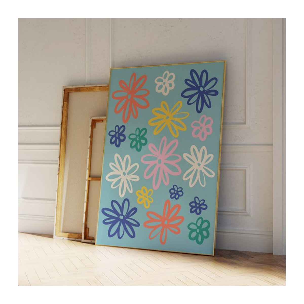Modernes Leinwand Poster mit bunten Gänseblümchen im Retro-Stil für deine Wohnzimmer Wandgestaltung - Bild 1