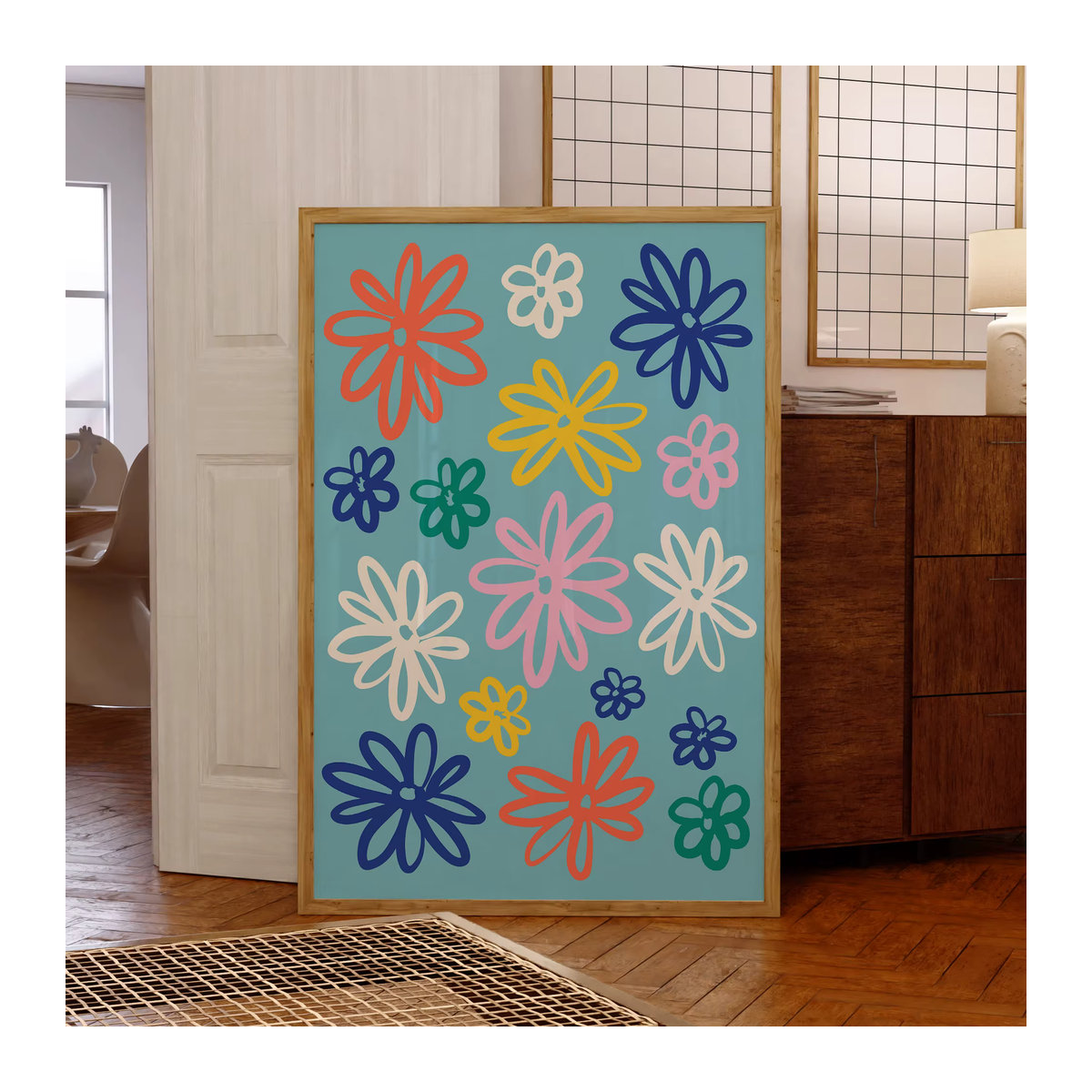 Modernes Leinwand Poster mit bunten Gänseblümchen im Retro-Stil für deine Wohnzimmer Wandgestaltung - Bild 2