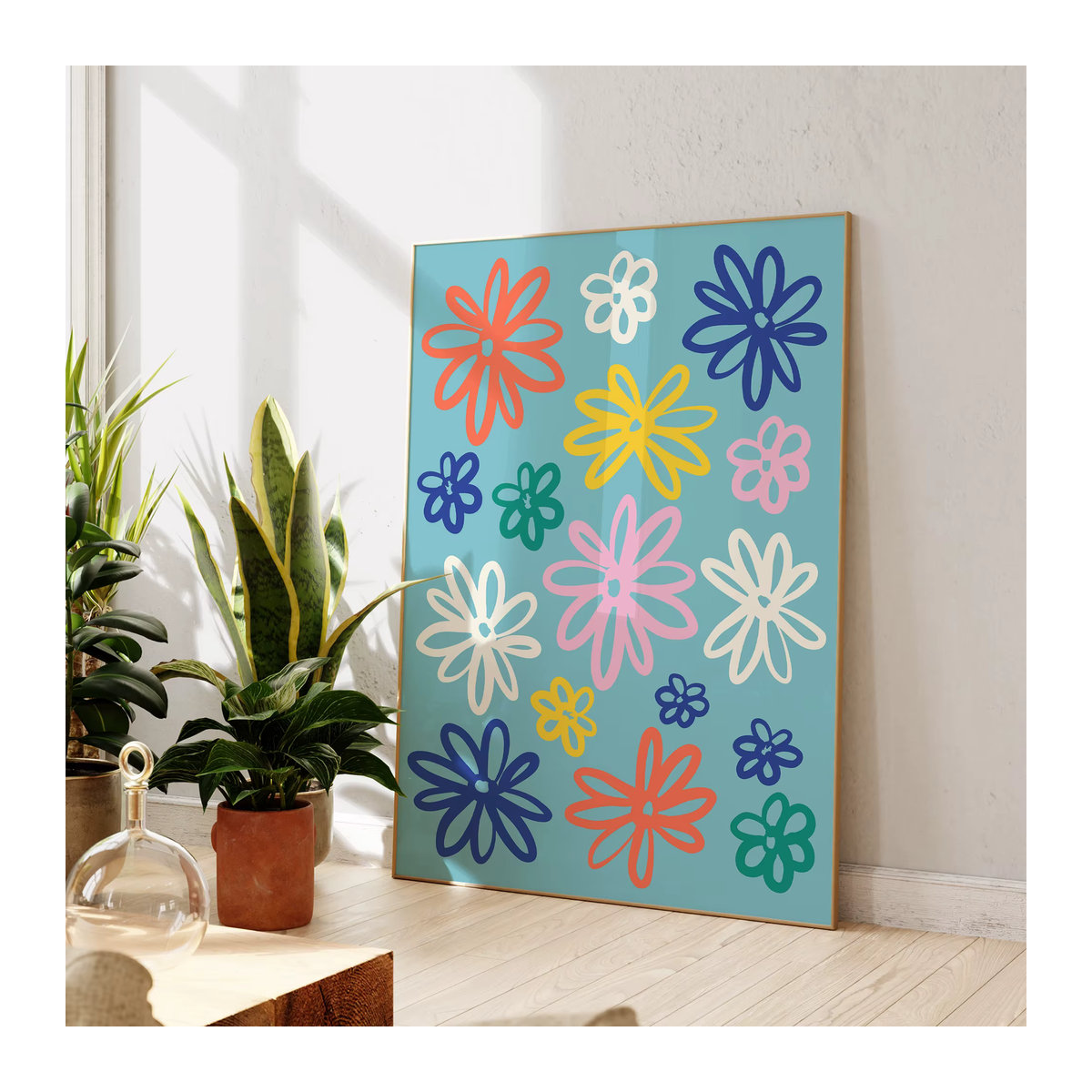 Modernes Leinwand Poster mit bunten Gänseblümchen im Retro-Stil für deine Wohnzimmer Wandgestaltung - Bild 3