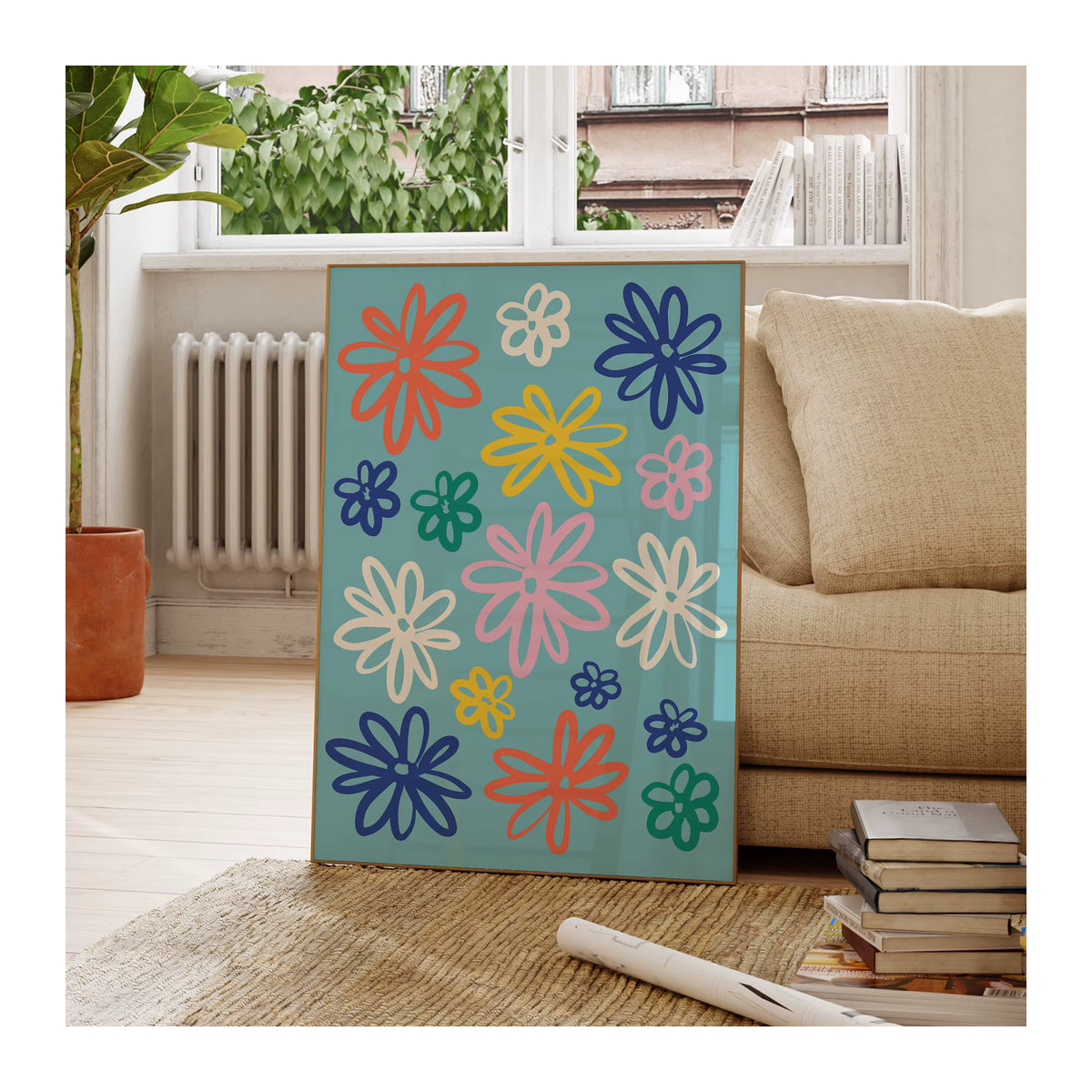 Modernes Leinwand Poster mit bunten Gänseblümchen im Retro-Stil für deine Wohnzimmer Wandgestaltung - Bild 4