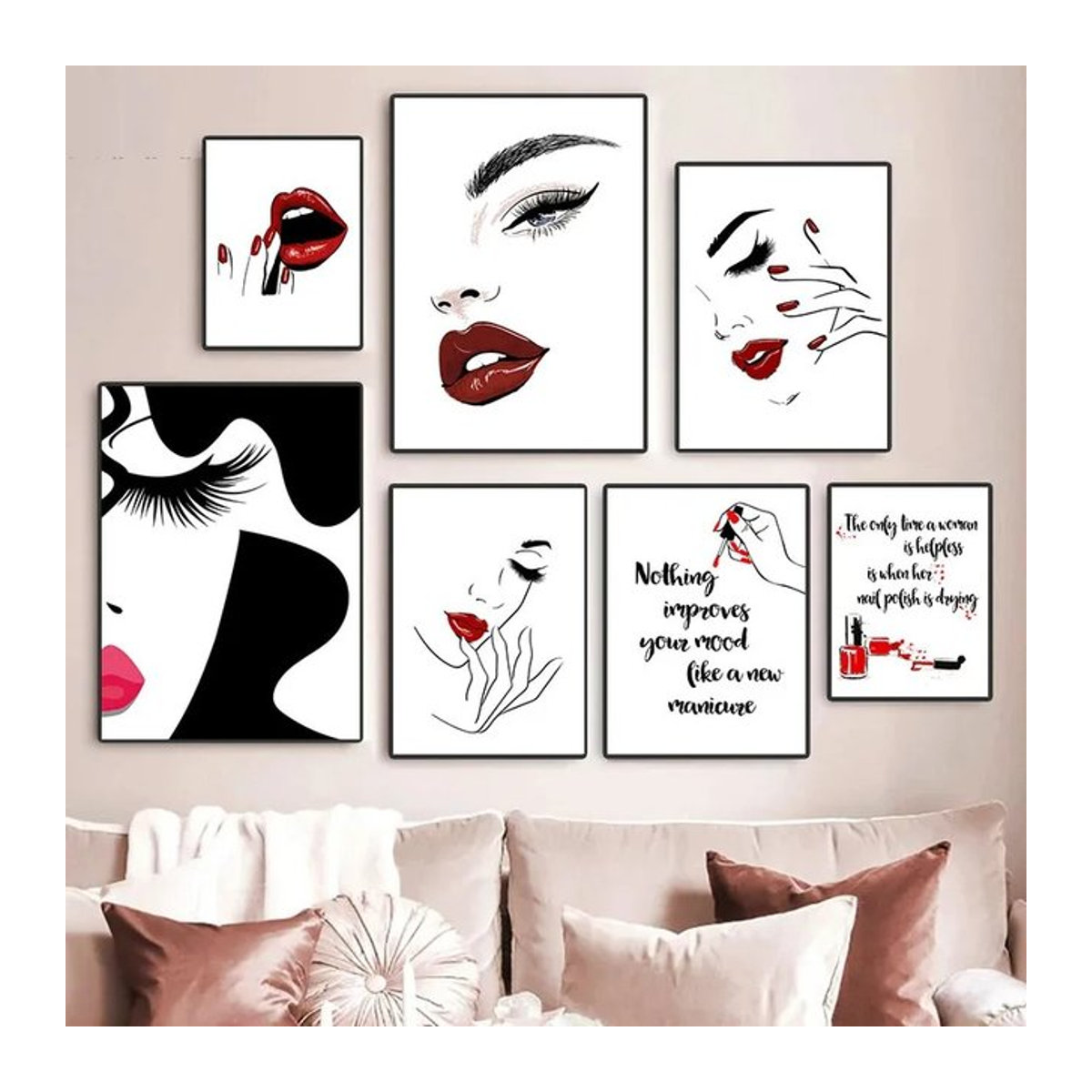 Modernes Leinwand Poster mit Make-up Motiv und roten Lippen für deine Wohnkultur in Hochformat - Bild 1