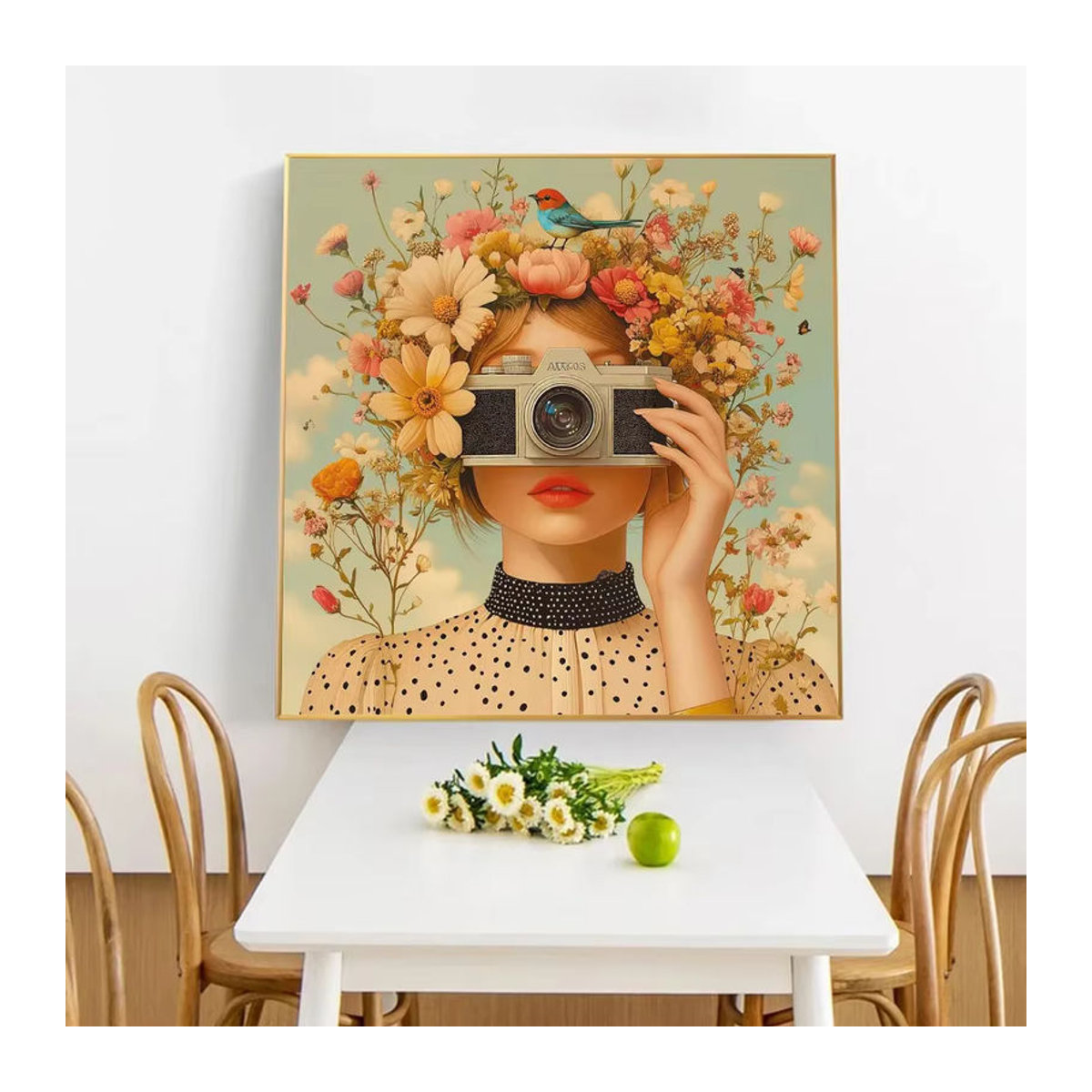 Modernes Leinwandbild mit Porträt einer Frau und floralen Elementen in Mehrfarbig, Hochformat - Bild 2