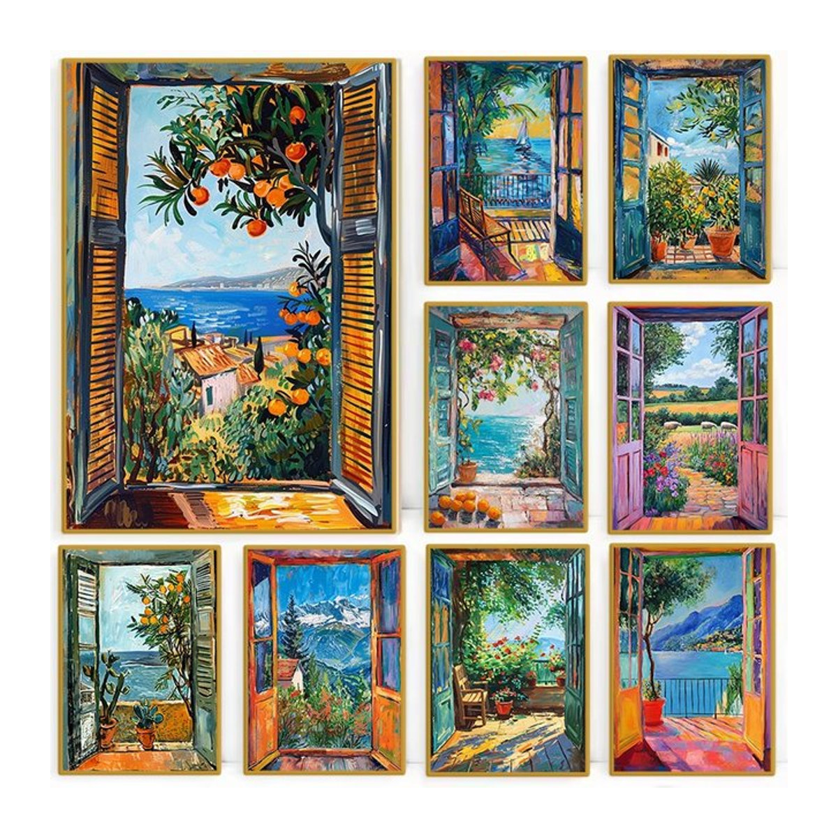 Modernes Leinwandgemälde im Henri Matisse-Stil mit Küstenlandschaft und offenem Fenster, mehrfarbig, Hochformat - Bild 1
