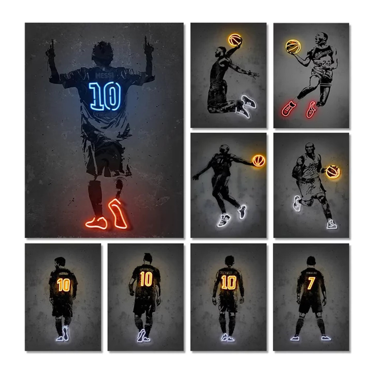 Modernes Leinwandgemälde im Neon-Stil mit Basketball, Fußball und Sternen, mehrfarbiges Wandbild für deine Heimdekoration - Bild 1