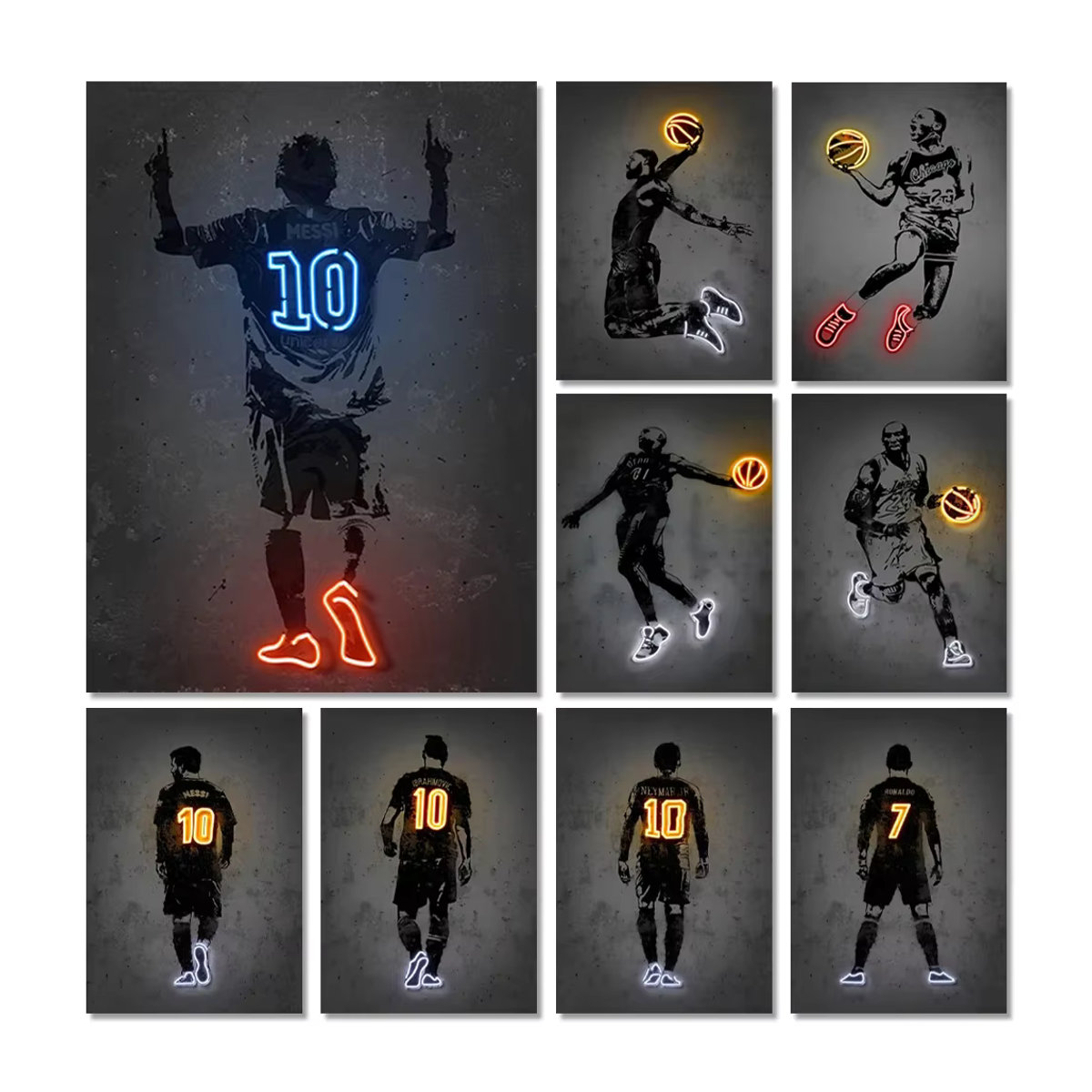 Modernes Leinwandgemälde im Neon-Stil mit Basketball, Fußball und Sternen, mehrfarbiges Wandbild für deine Heimdekoration - Bild 2