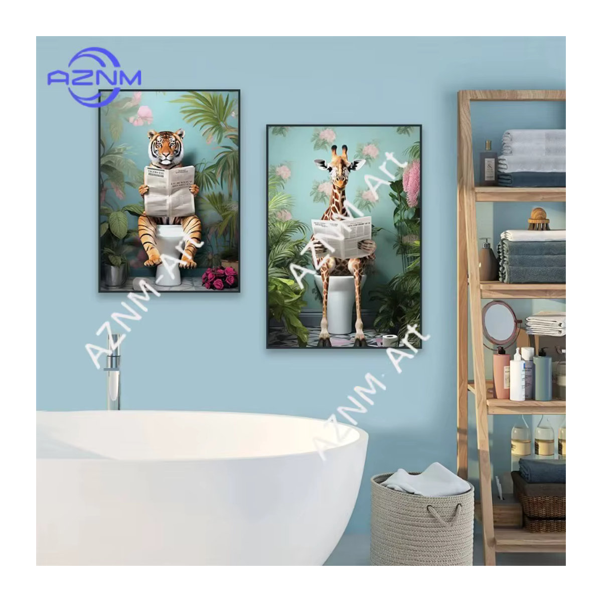 Modernes Leinwandposter für dein Badezimmer mit Tier-Motiven wie Zebra, Giraffe und einem Tiger, der Zeitung liest, mehrfarbig und im Hochformat - Bild 1