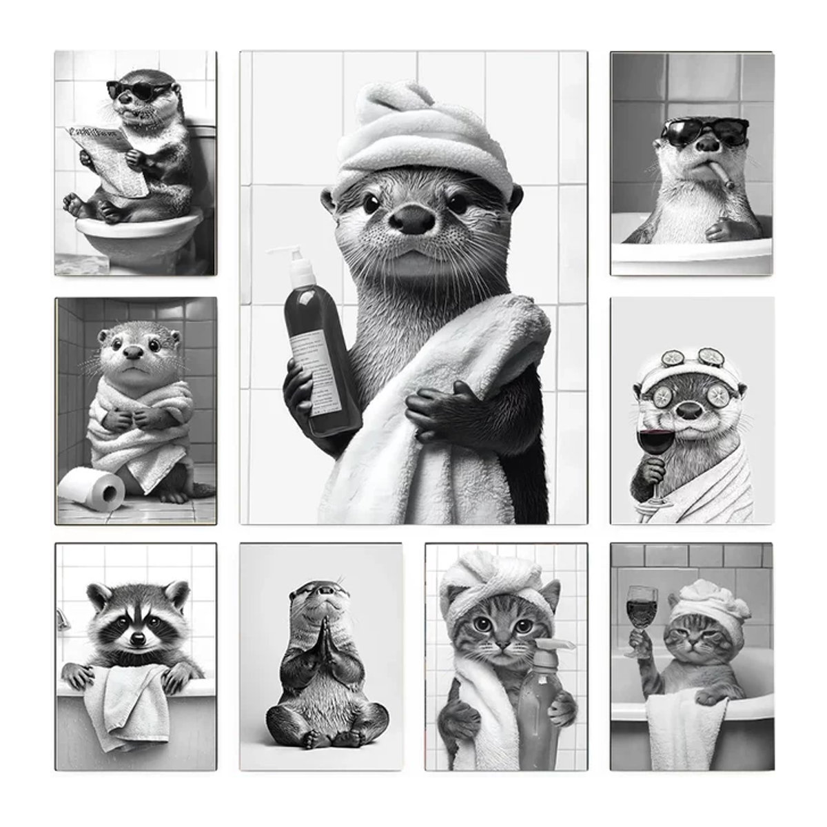 Modernes Leinwandposter von Potdemiel mit Otter und Waschbär in Schwarz-Weiß als Wandkunst für dein Zuhause - Bild 1