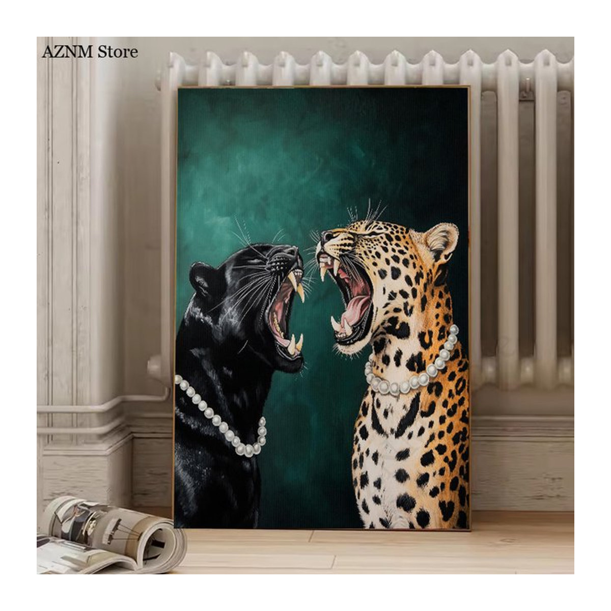 Modernes Leopard Wandbild Potdemiel als Leinwand-Kunstdruck in Smaragdgrün im Hochformat - Bild 1