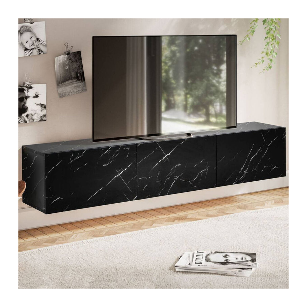 Modernes Lowboard Wohnling in Schwarz mit Marmor-Optik aus Holzwerkstoff und Metall, B/H/T: 160 x 30 x 30 cm - Bild 2