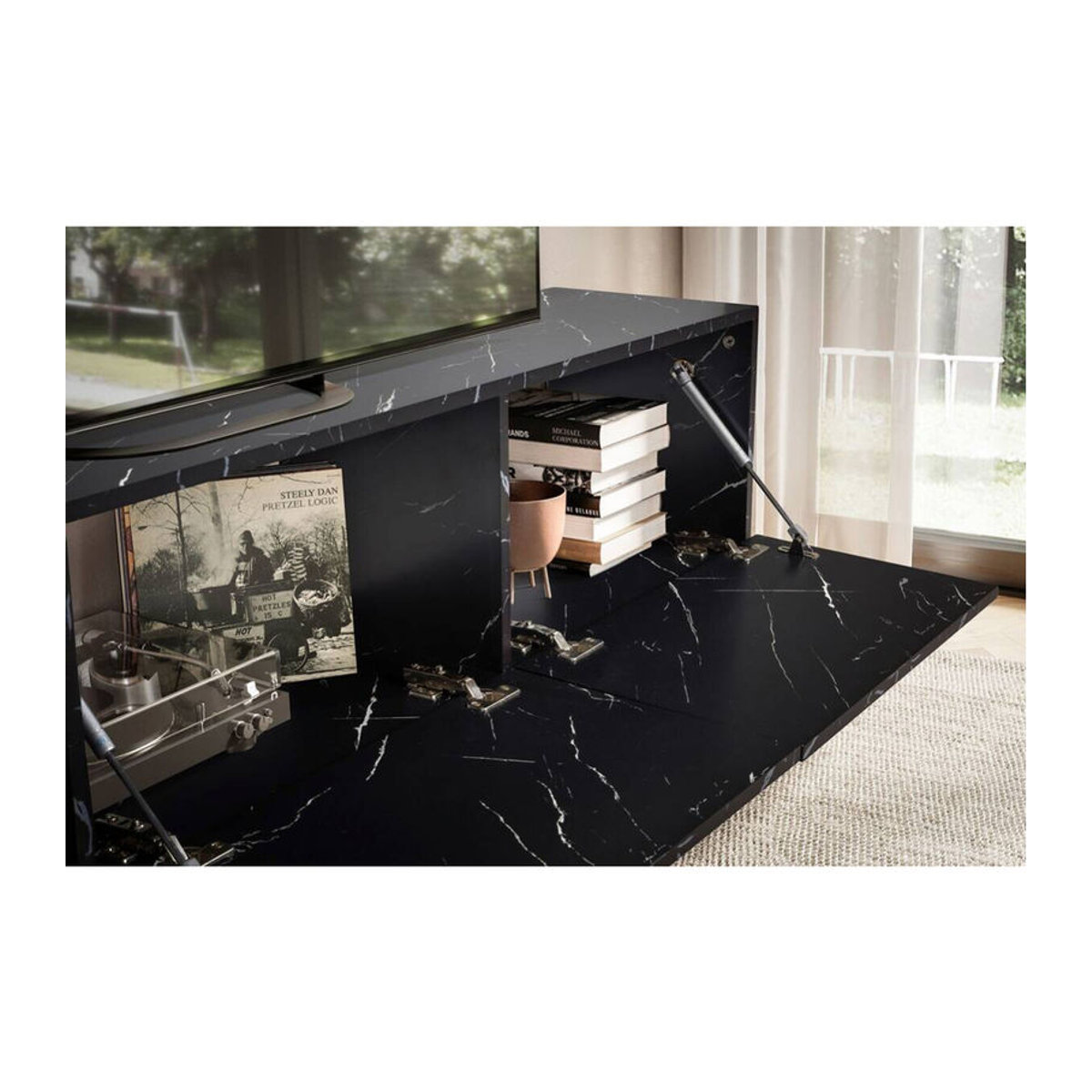Modernes Lowboard Wohnling in Schwarz mit Marmor-Optik aus Holzwerkstoff und Metall, B/H/T: 160 x 30 x 30 cm - Bild 4