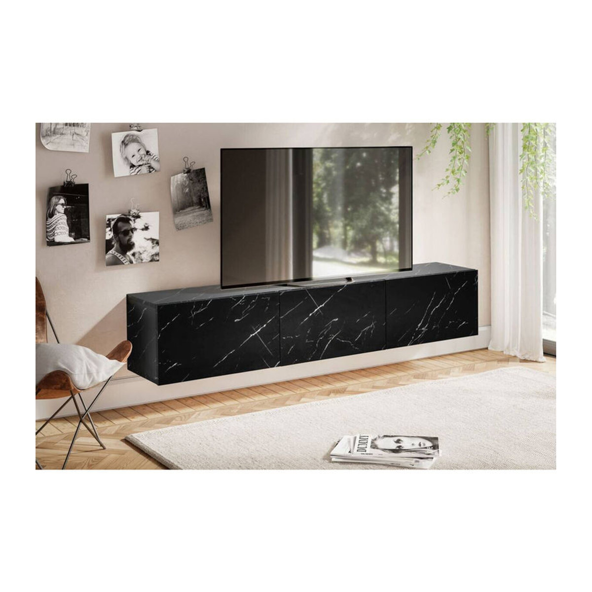 Modernes Lowboard Wohnling in Schwarz mit Marmor-Optik aus Holzwerkstoff und Metall, B/H/T: 160 x 30 x 30 cm - Bild 5