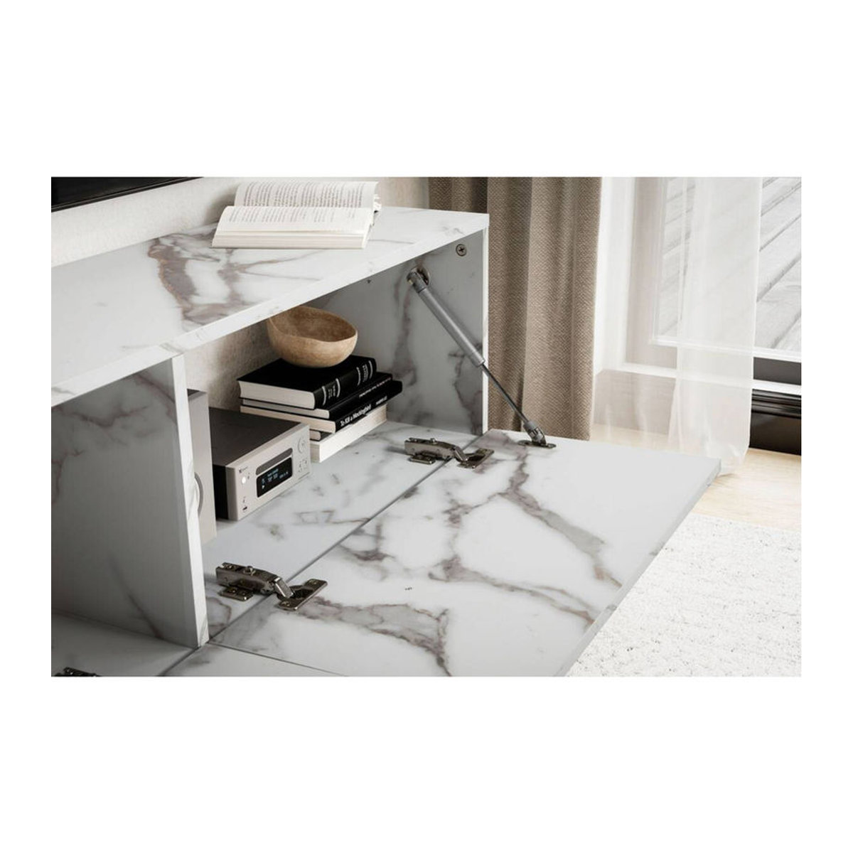 Modernes Lowboard Wohnling in Weiß mit Marmor-Optik, B/H/T: 120 x 30 x 30 cm - Bild 3