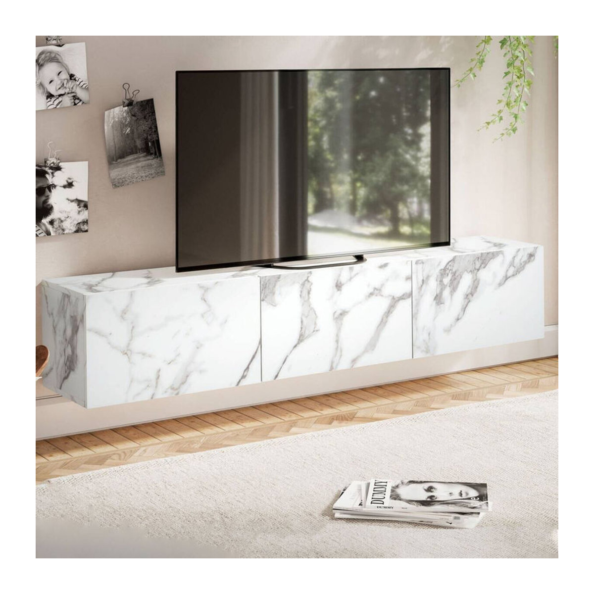 Modernes Lowboard Wohnling in Weiß mit Marmor-Optik, B/H/T: 160 x 30 x 30 cm - Bild 2