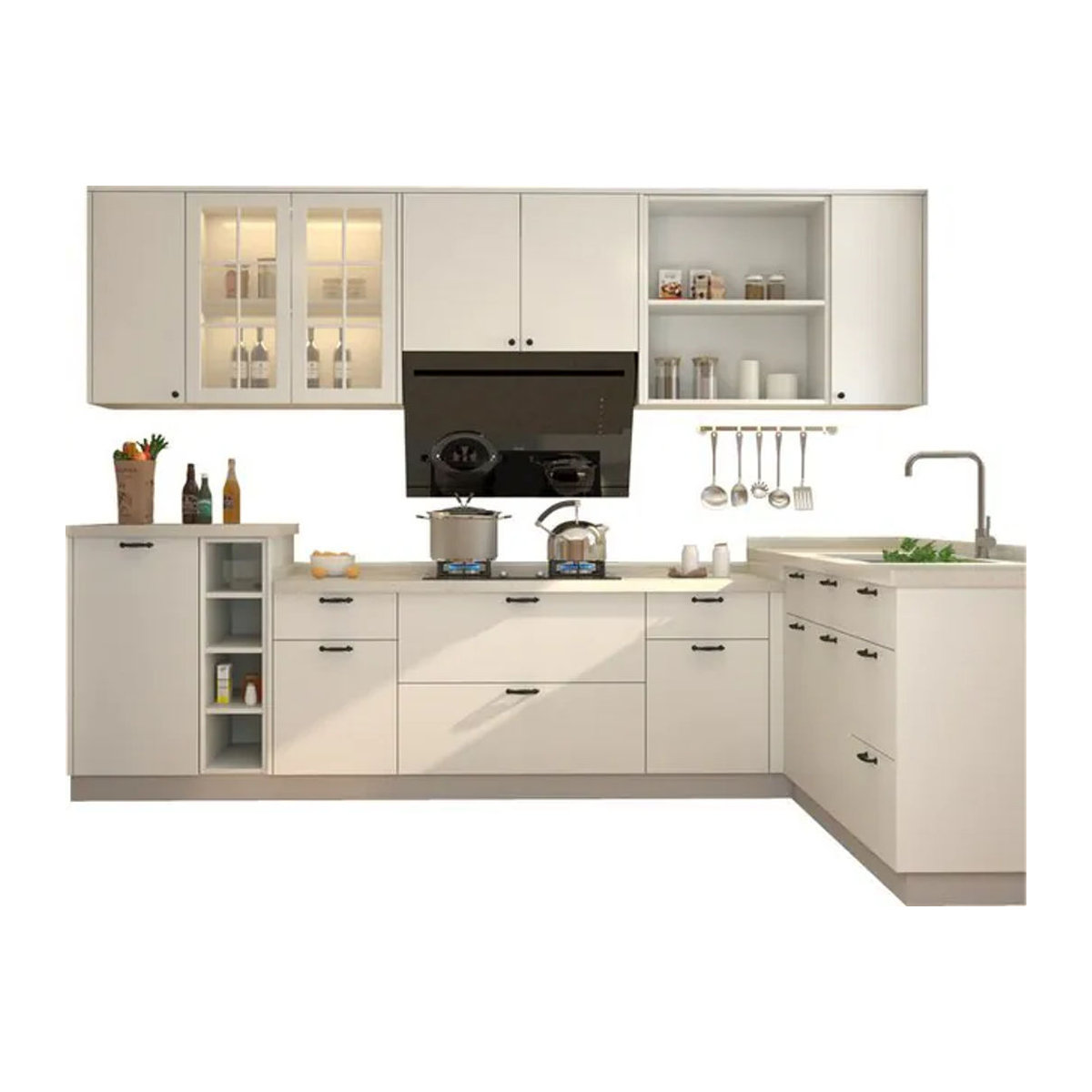 Modernes maßgefertigtes Küchenschrank-Set in Beige und Weiß mit intelligenter Aufbewahrungsinsel und Speisekammer - Bild 1