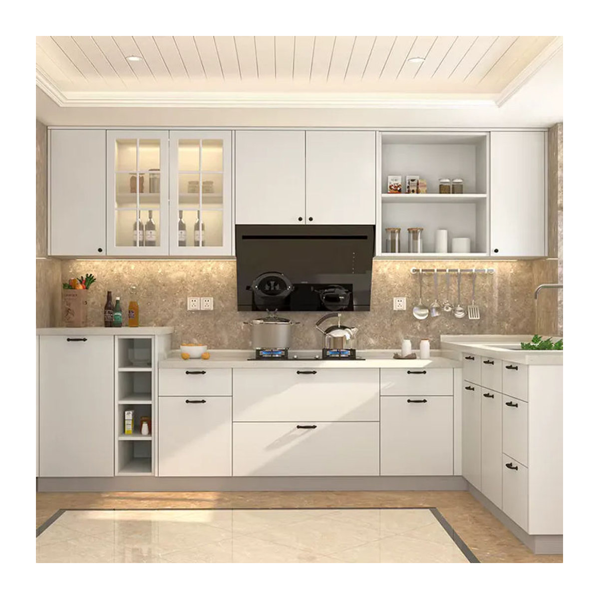 Modernes maßgefertigtes Küchenschrank-Set in Beige und Weiß mit intelligenter Aufbewahrungsinsel und Speisekammer - Bild 2