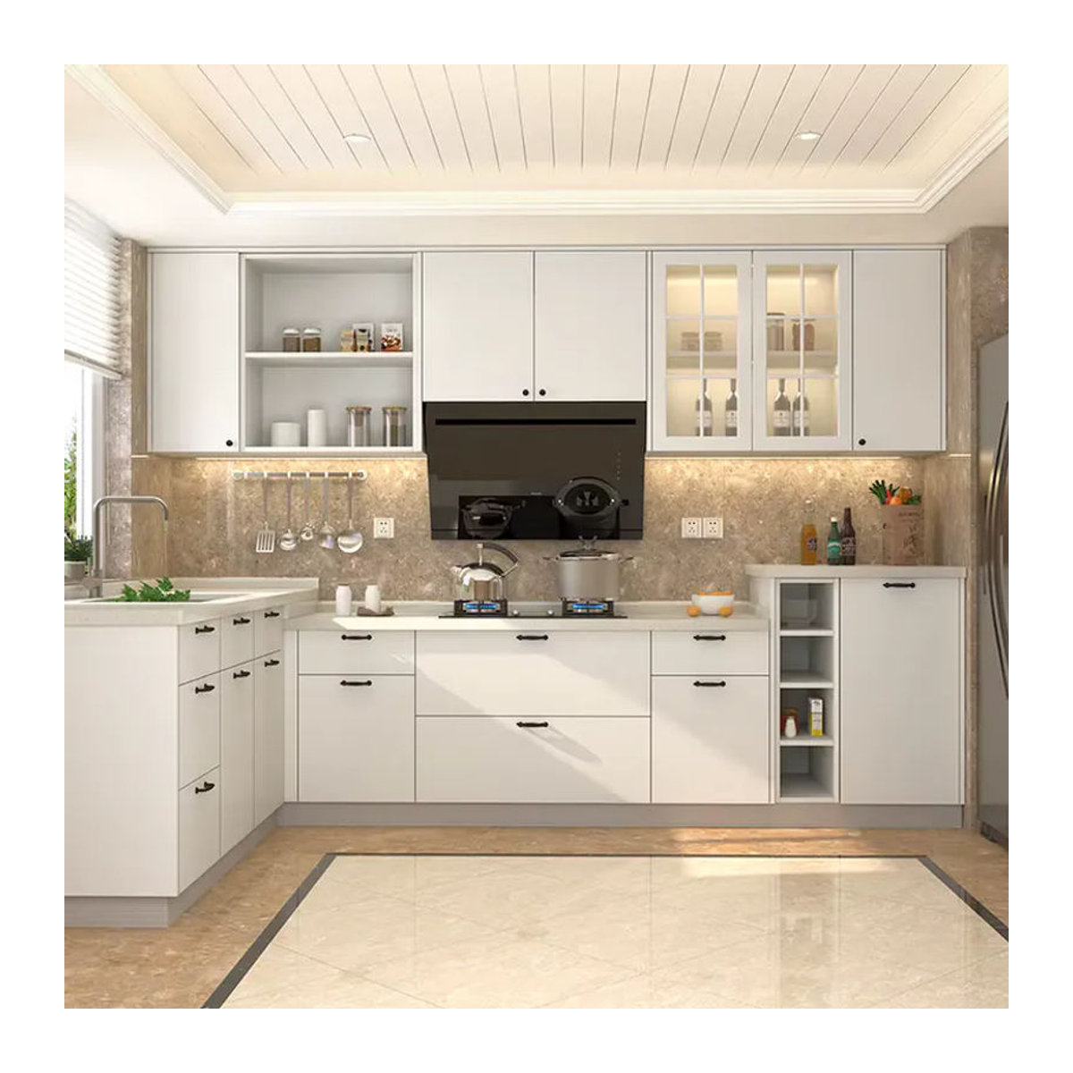 Modernes maßgefertigtes Küchenschrank-Set in Beige und Weiß mit intelligenter Aufbewahrungsinsel und Speisekammer - Bild 3