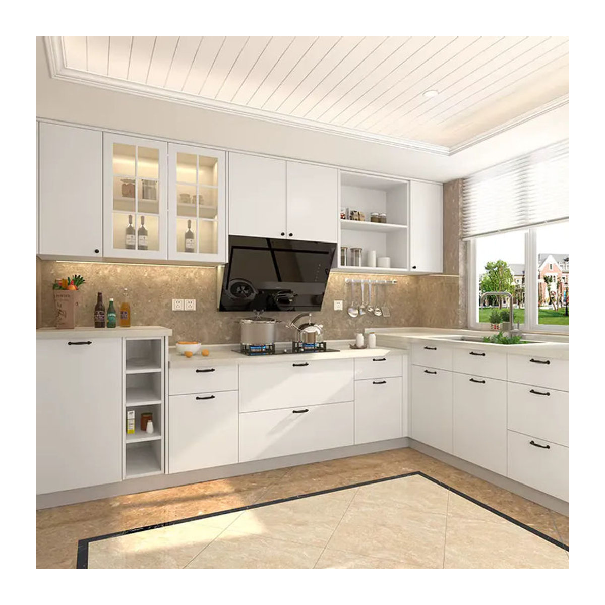 Modernes maßgefertigtes Küchenschrank-Set in Beige und Weiß mit intelligenter Aufbewahrungsinsel und Speisekammer - Bild 4