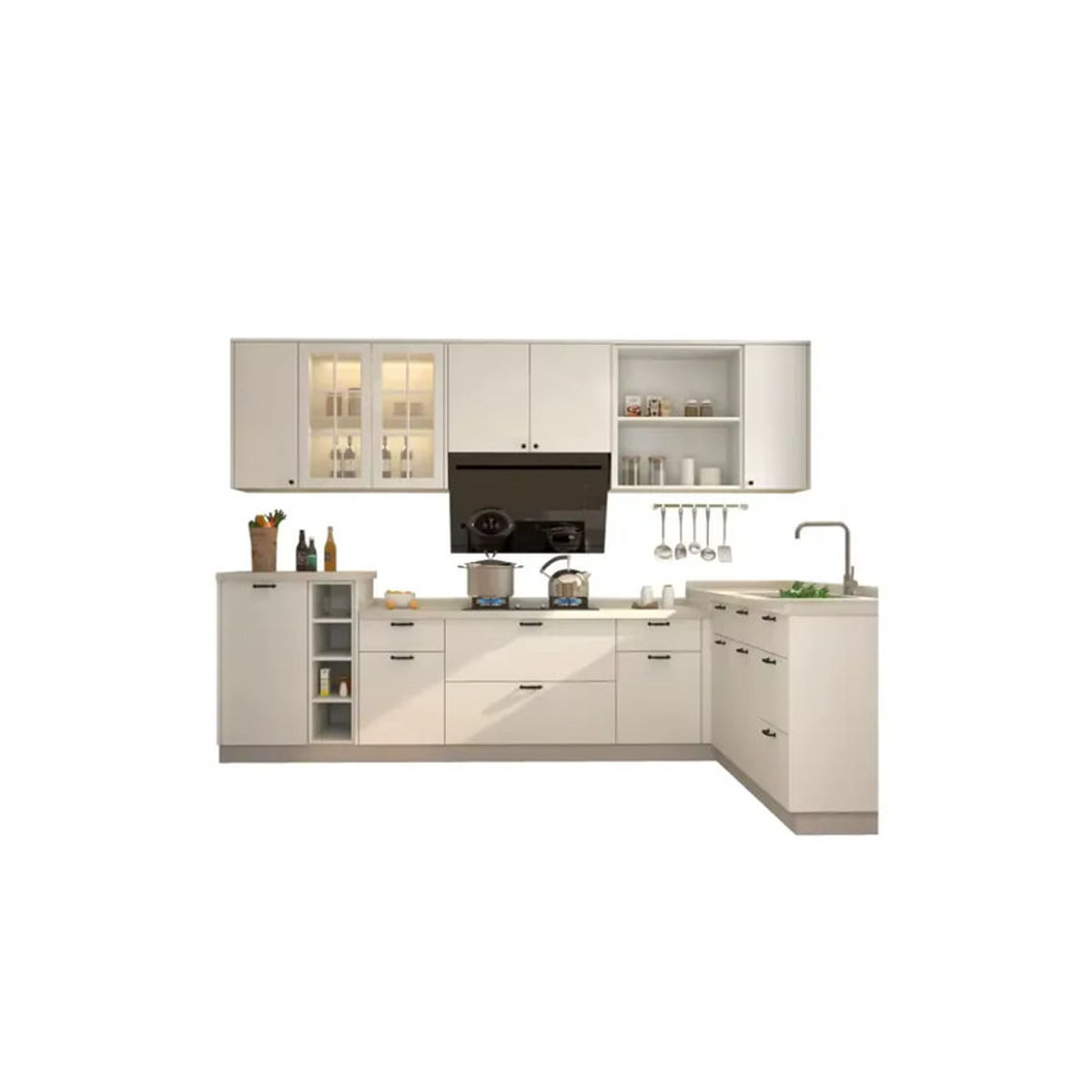 Modernes maßgefertigtes Küchenschrank-Set in Beige und Weiß mit intelligenter Aufbewahrungsinsel und Speisekammer - Bild 5