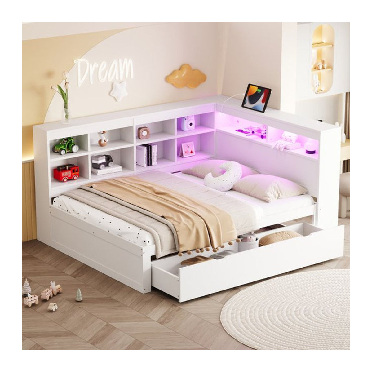 Modernes Massivholzsofa in Weiß als Doppelbett mit USB-Buchse, LED-Lichtleiste, Einbauböden und Ablagefächern, Breite: 200 cm, Höhe: 140 cm - Bild 1