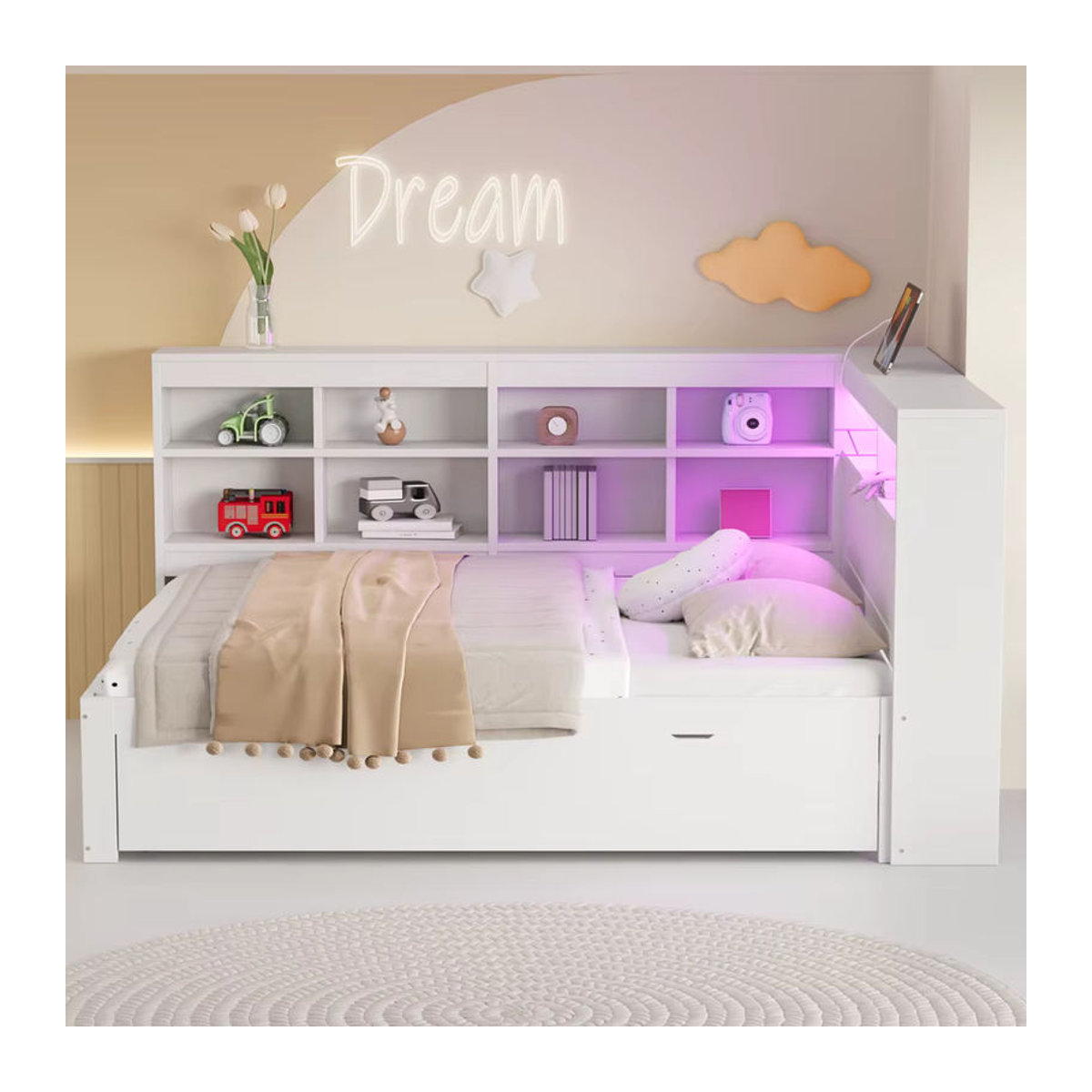 Modernes Massivholzsofa in Weiß als Doppelbett mit USB-Buchse, LED-Lichtleiste, Einbauböden und Ablagefächern, Breite: 200 cm, Höhe: 140 cm - Bild 2