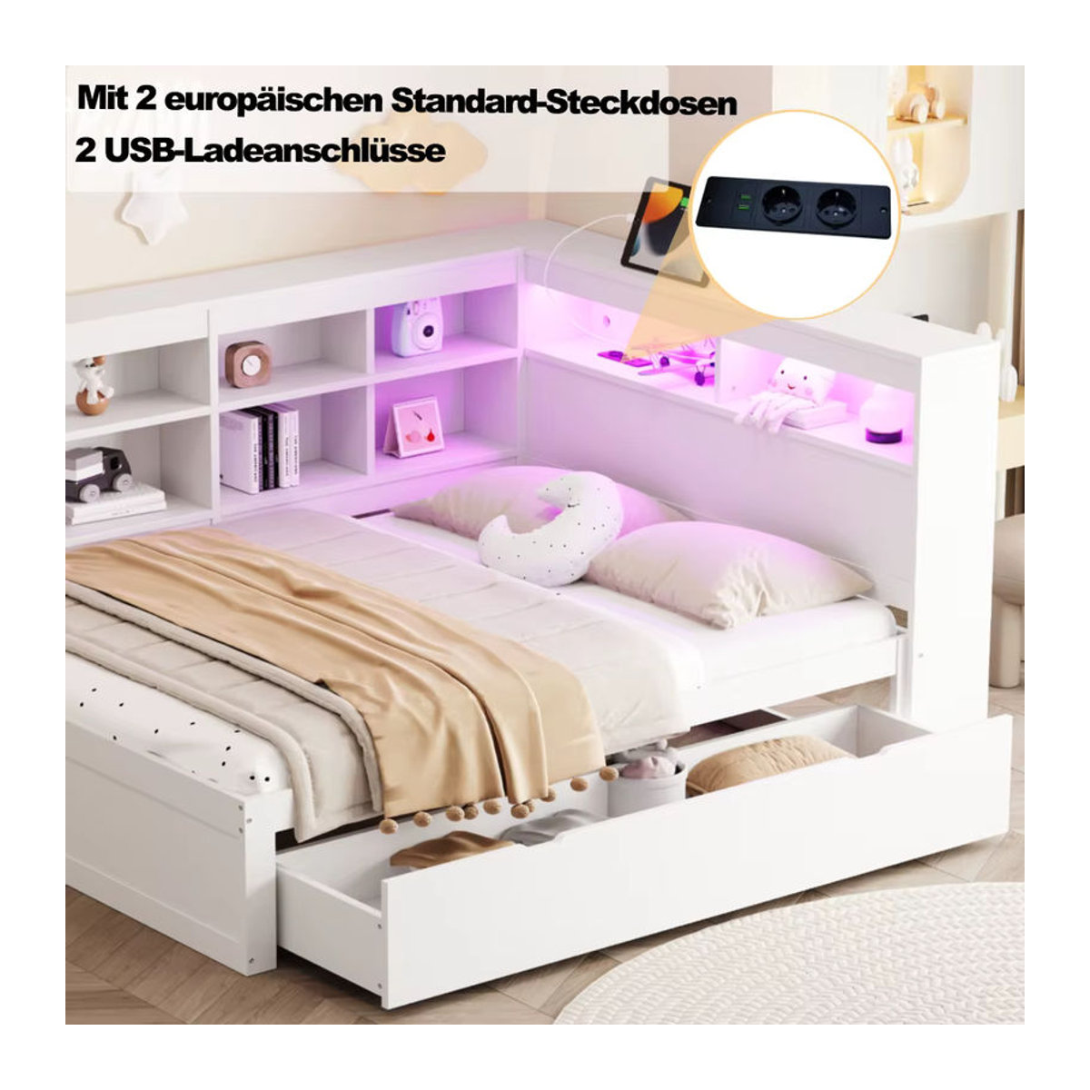 Modernes Massivholzsofa in Weiß als Doppelbett mit USB-Buchse, LED-Lichtleiste, Einbauböden und Ablagefächern, Breite: 200 cm, Höhe: 140 cm - Bild 3