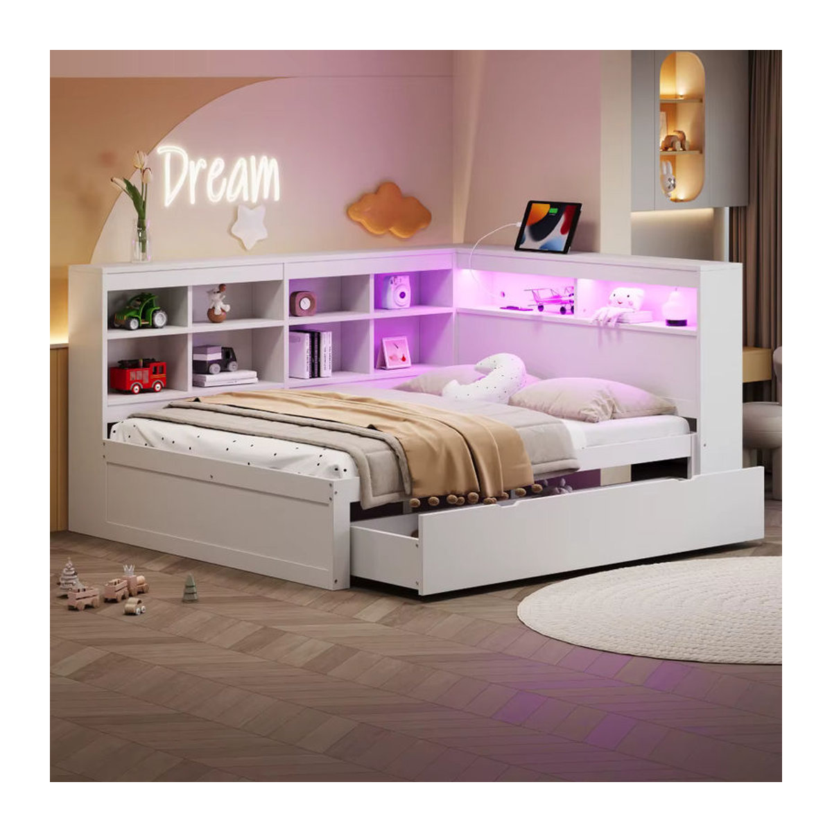 Modernes Massivholzsofa in Weiß als Doppelbett mit USB-Buchse, LED-Lichtleiste, Einbauböden und Ablagefächern, Breite: 200 cm, Höhe: 140 cm - Bild 4
