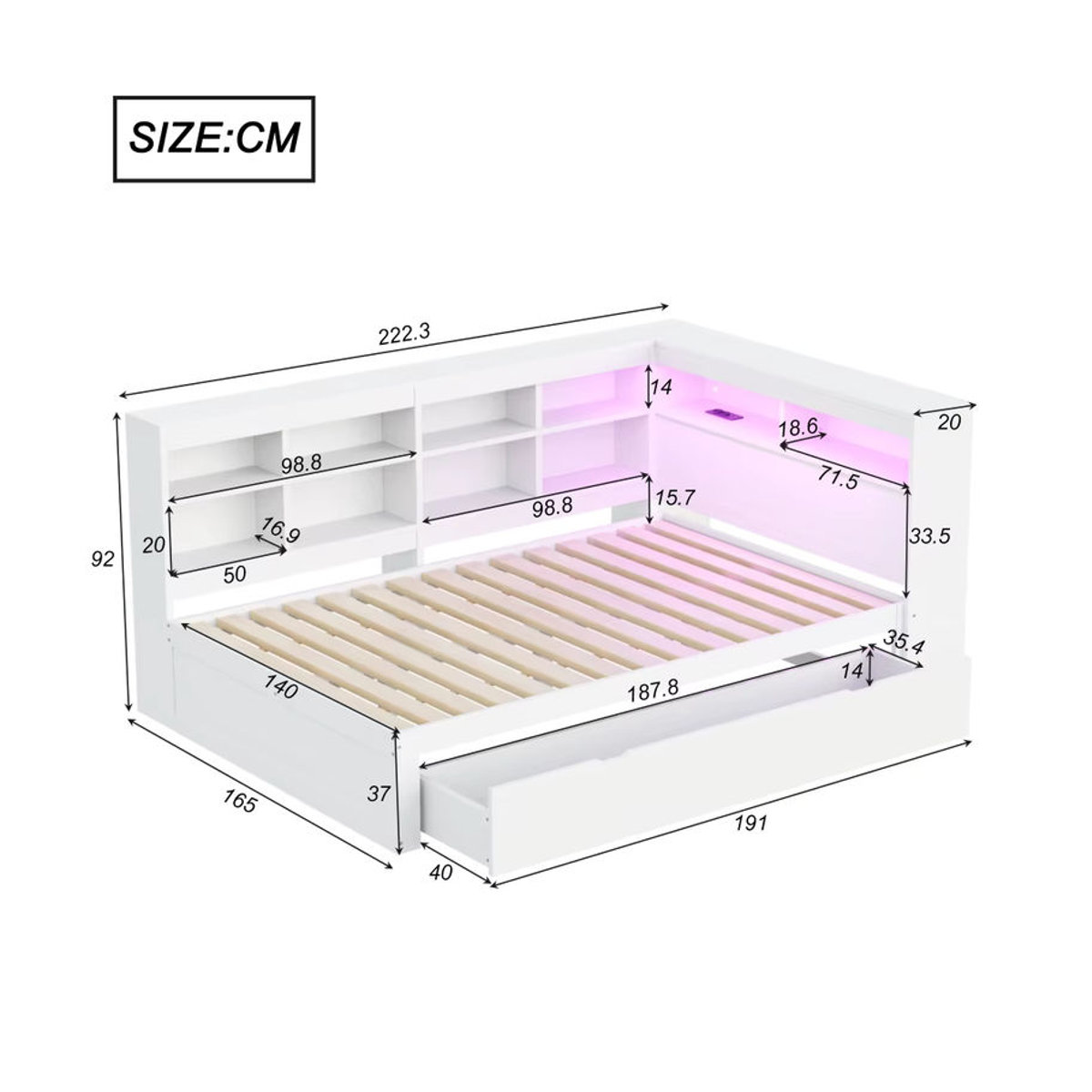 Modernes Massivholzsofa in Weiß als Doppelbett mit USB-Buchse, LED-Lichtleiste, Einbauböden und Ablagefächern, Breite: 200 cm, Höhe: 140 cm - Bild 5