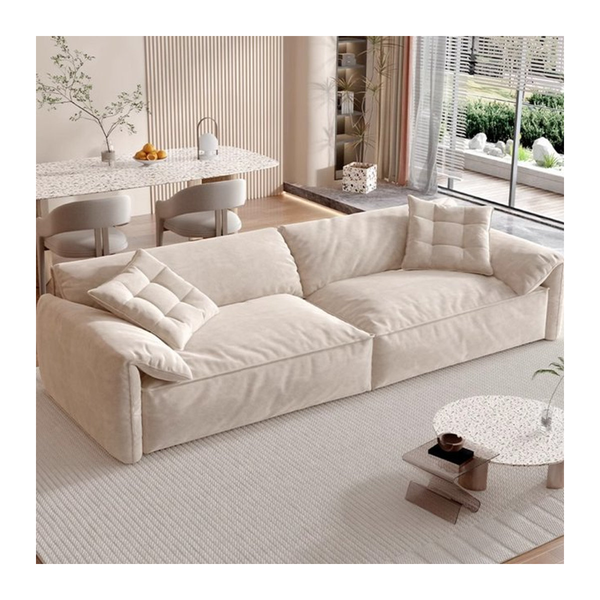 Modernes MDNG Designer Sofa in Beige mit Stoffbezug und Nackenrollen für dein Wohnzimmer oder Schlafzimmer - Bild 1