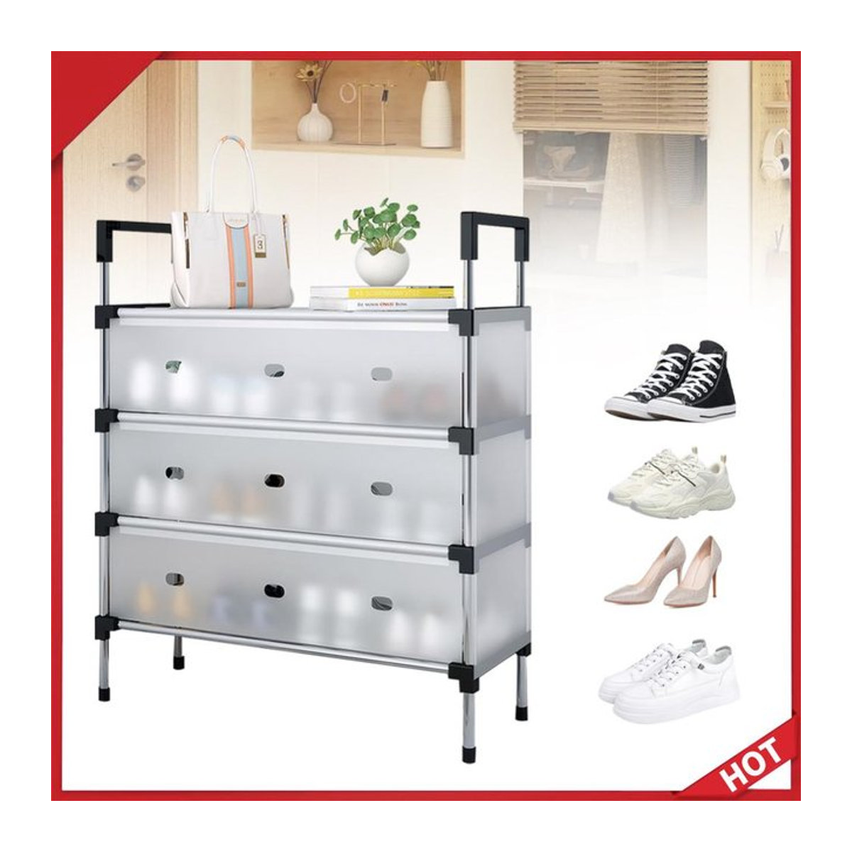 Modernes mehrschichtiges Schuhregal mit Metallrahmen in Alufarben - Bild 1