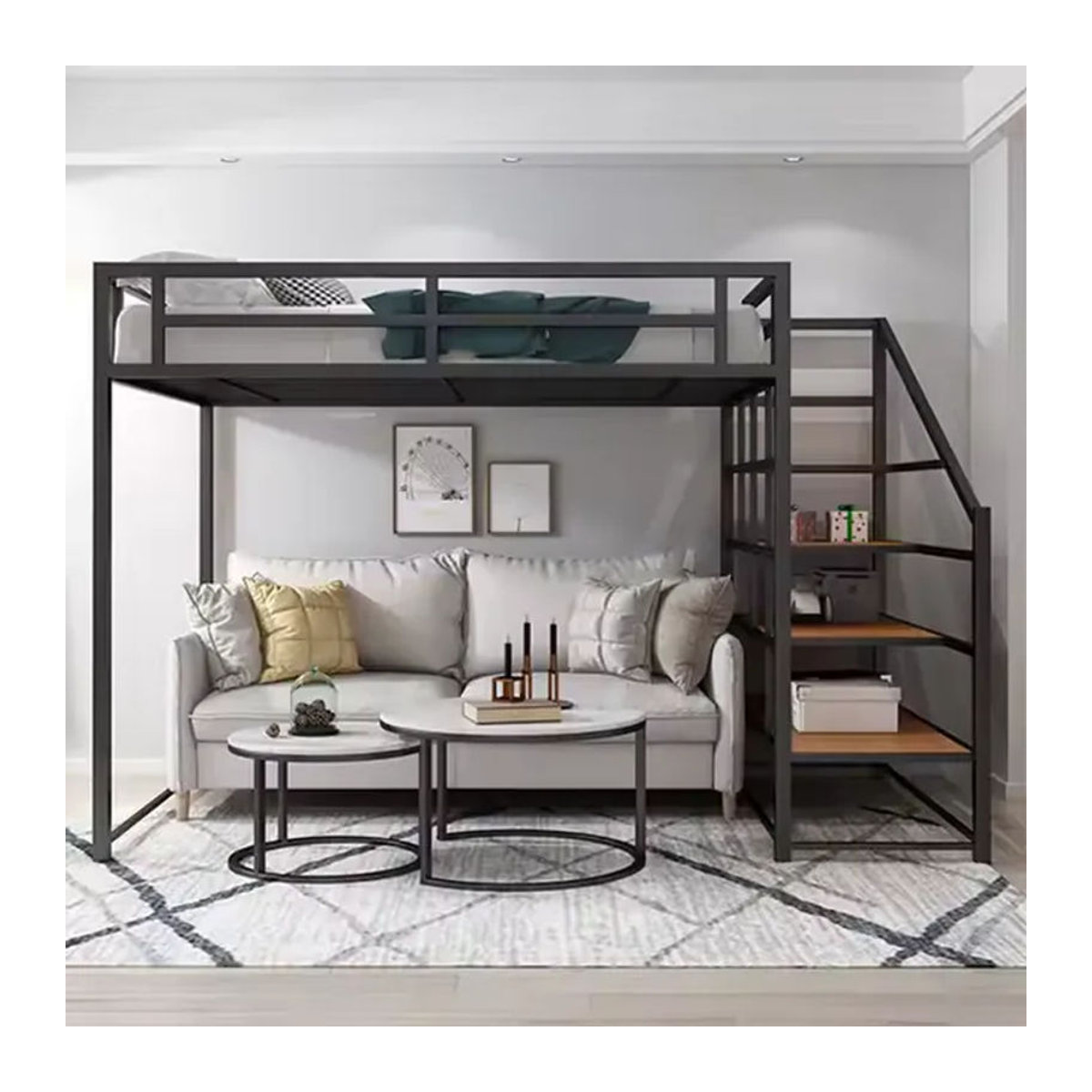 Modernes Metall-Hochbett in Schwarz mit Treppe für Erwachsene, Kingsize-Einzelbettgestell aus Stahl, B/T/H: 200 x 170 x 170 cm - Bild 1